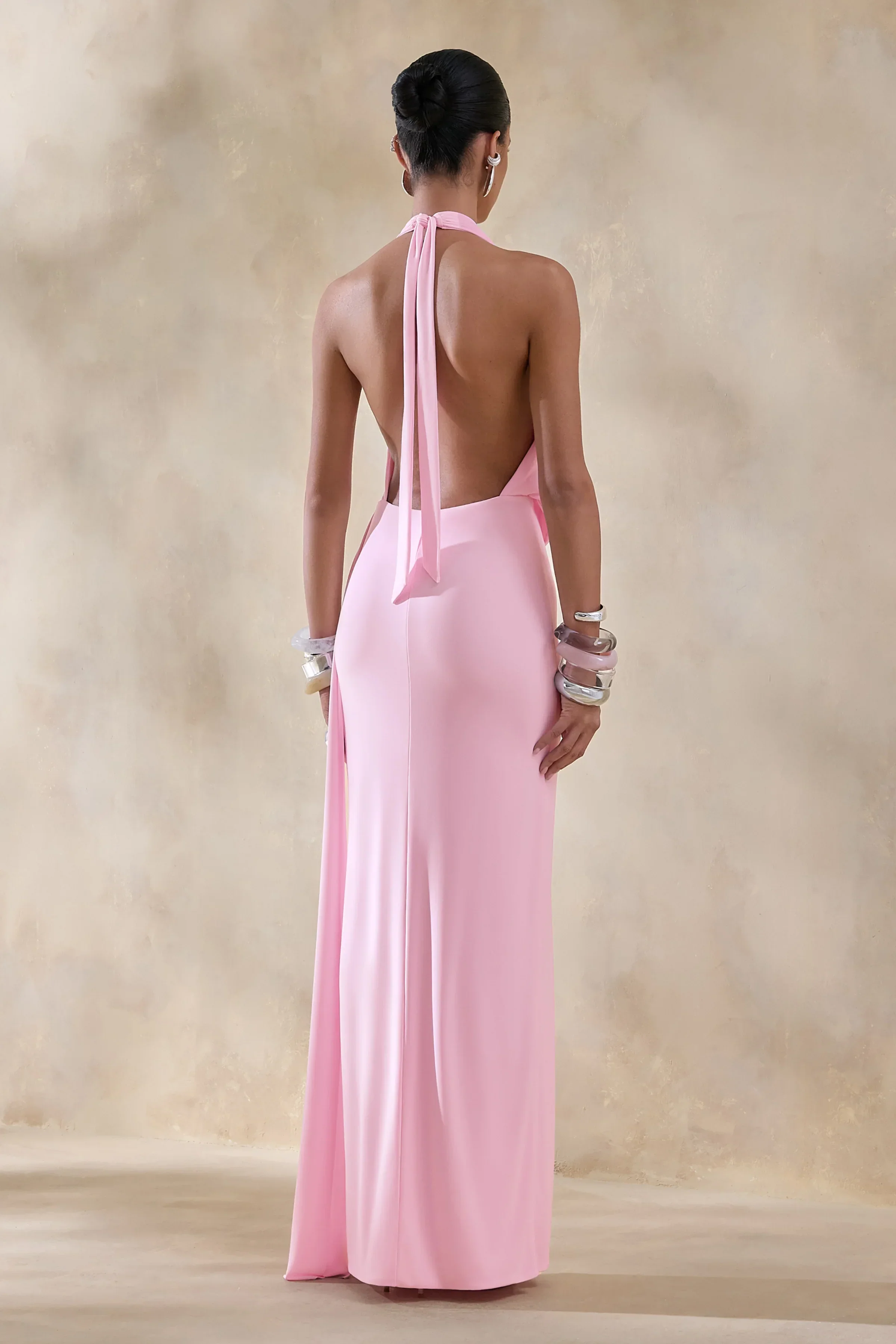 Rosina | Pink Halter-Neck Draped Maxi Dress With Sash