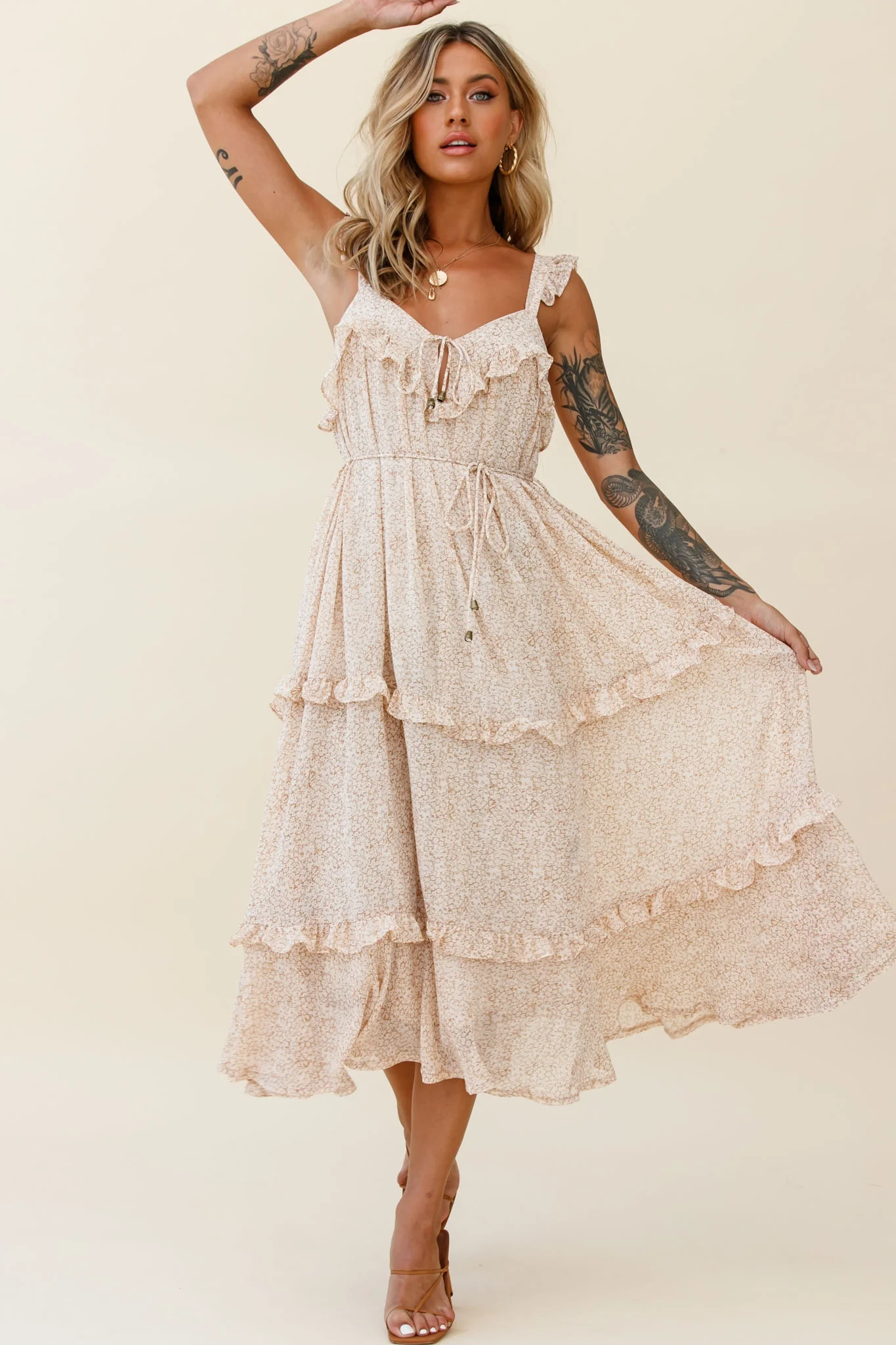 Priscilla Frill Detail Maxi Dress Floral Print Beige