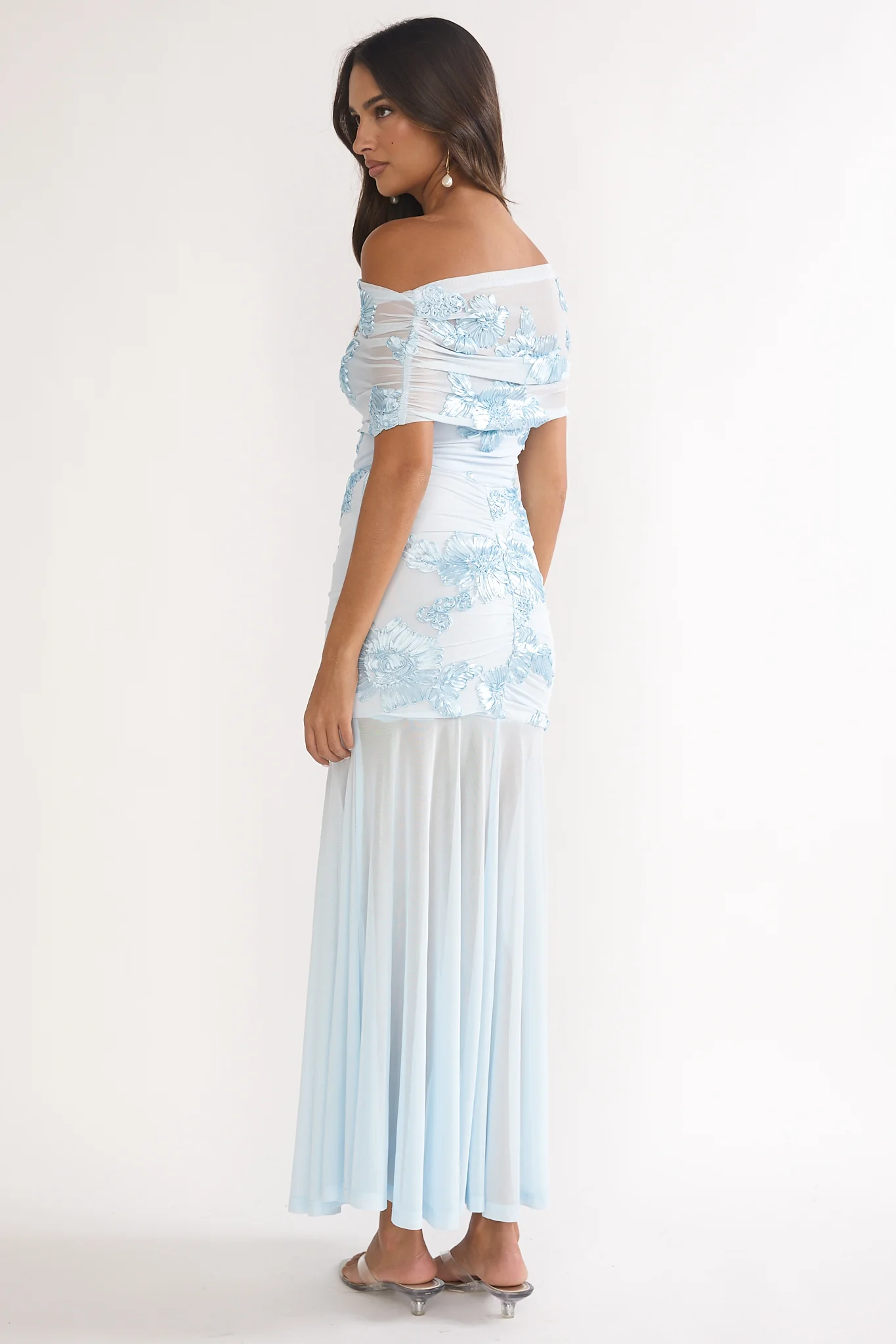 Clarita Sheer Ruched Maxi Dress Embellished Blue - luluinthesky