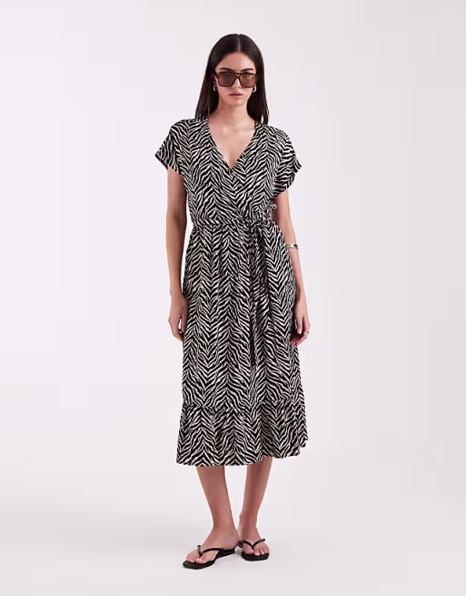 ONLY tie waist midi dress in zebra print
