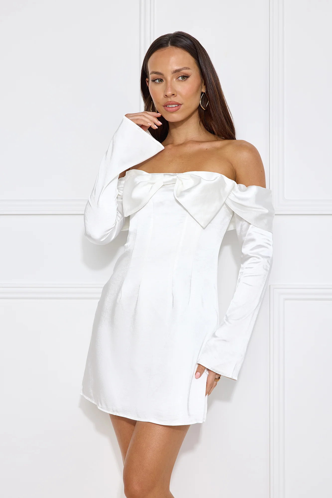 Delicacy Bow Satin Off Shoulder Mini Dress White - luluinthesky