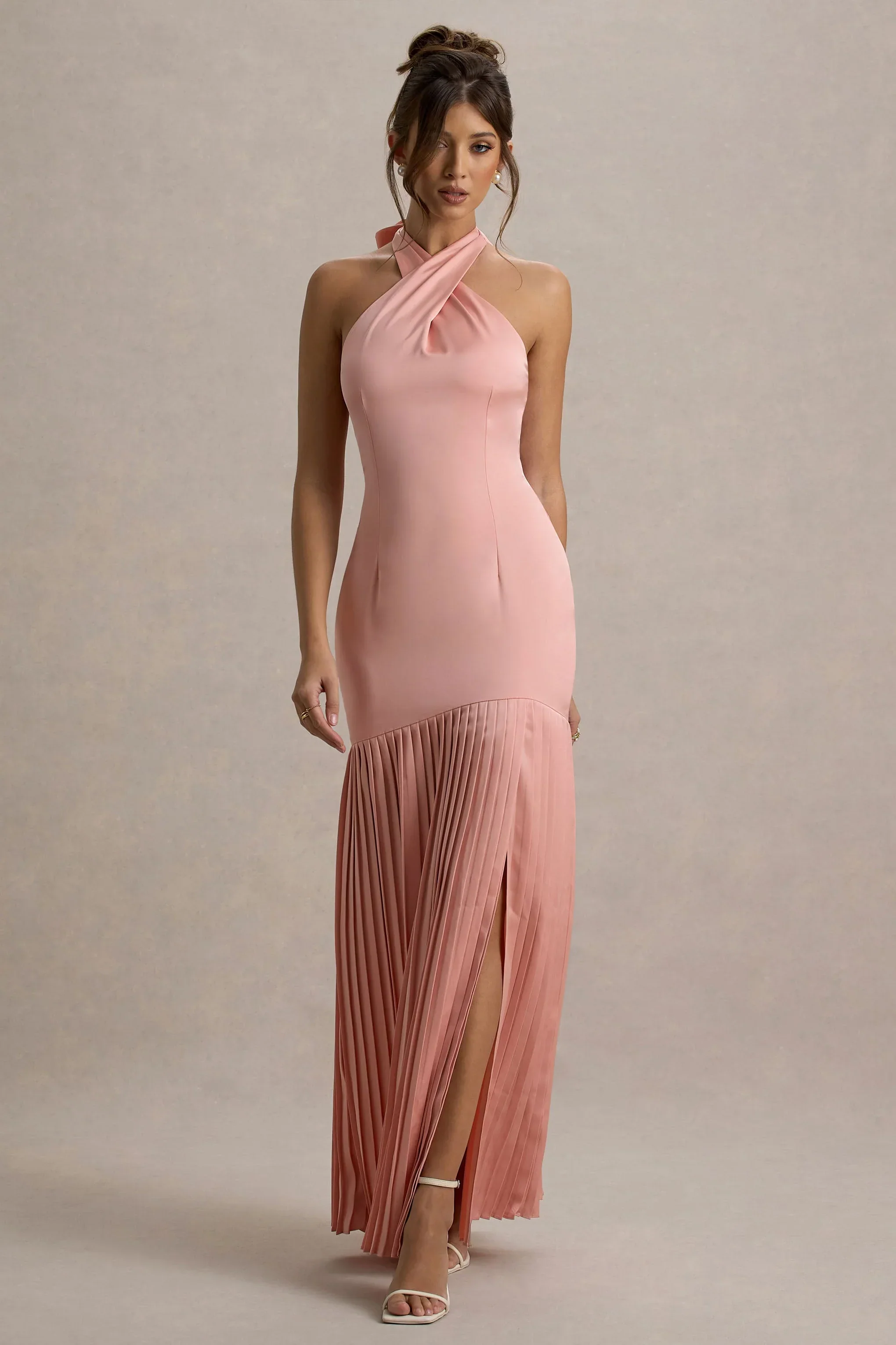 Sansa | Light Pink Satin Cross Halter-Neck Plisse Maxi Dress