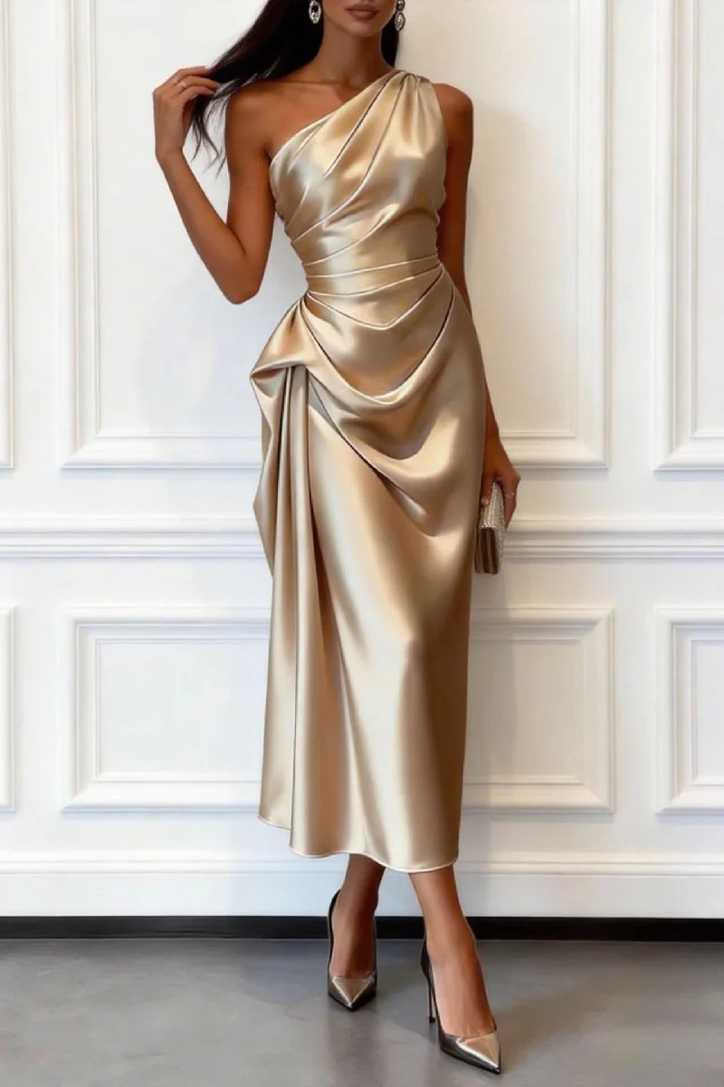 Trumpet-Mermaid Tea Length Satin Wedding Guest Dress 1033914017182