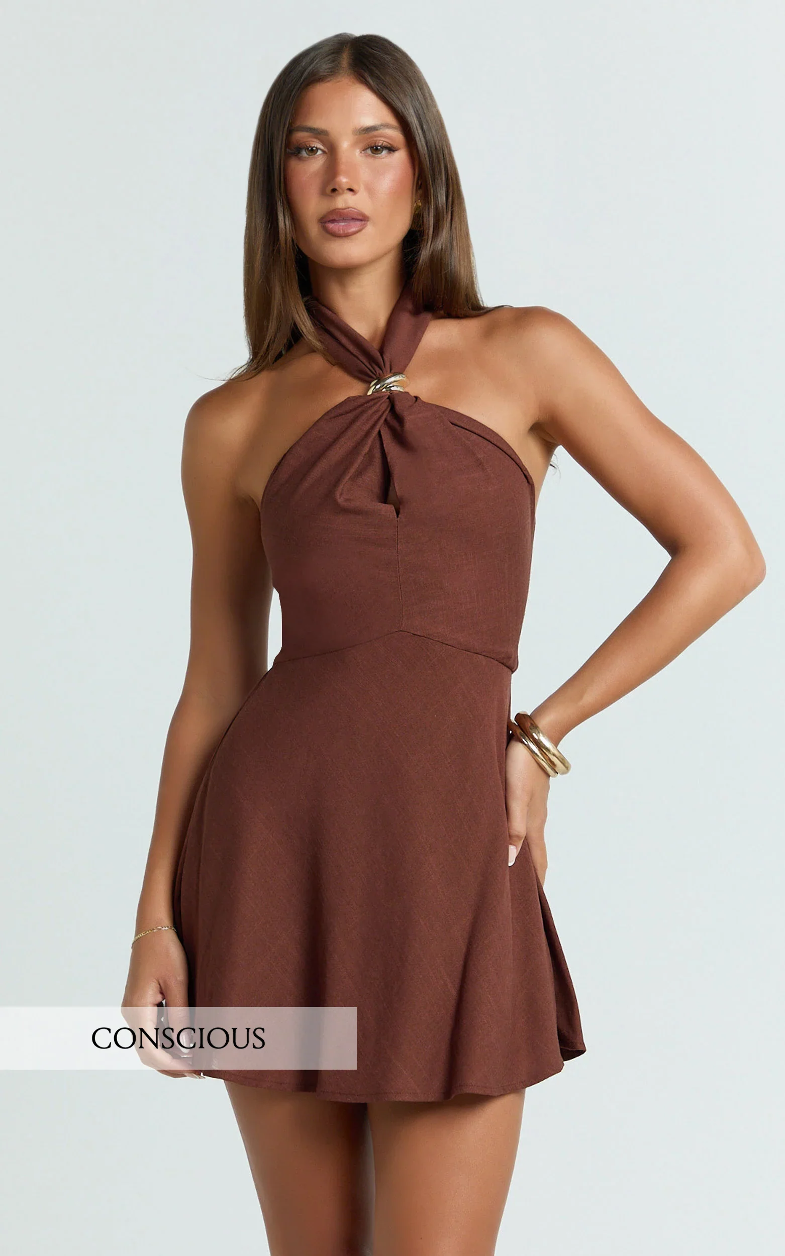 Sittie Mini Dress - Halterneck Linen Gold Trim A Line Dress in Chocolate