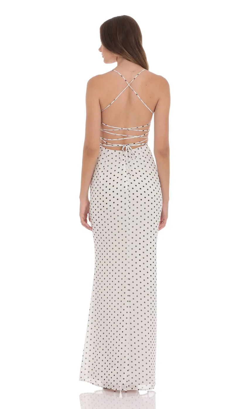 Polka Dot Open Back Maxi Dress in White - luluinthesky