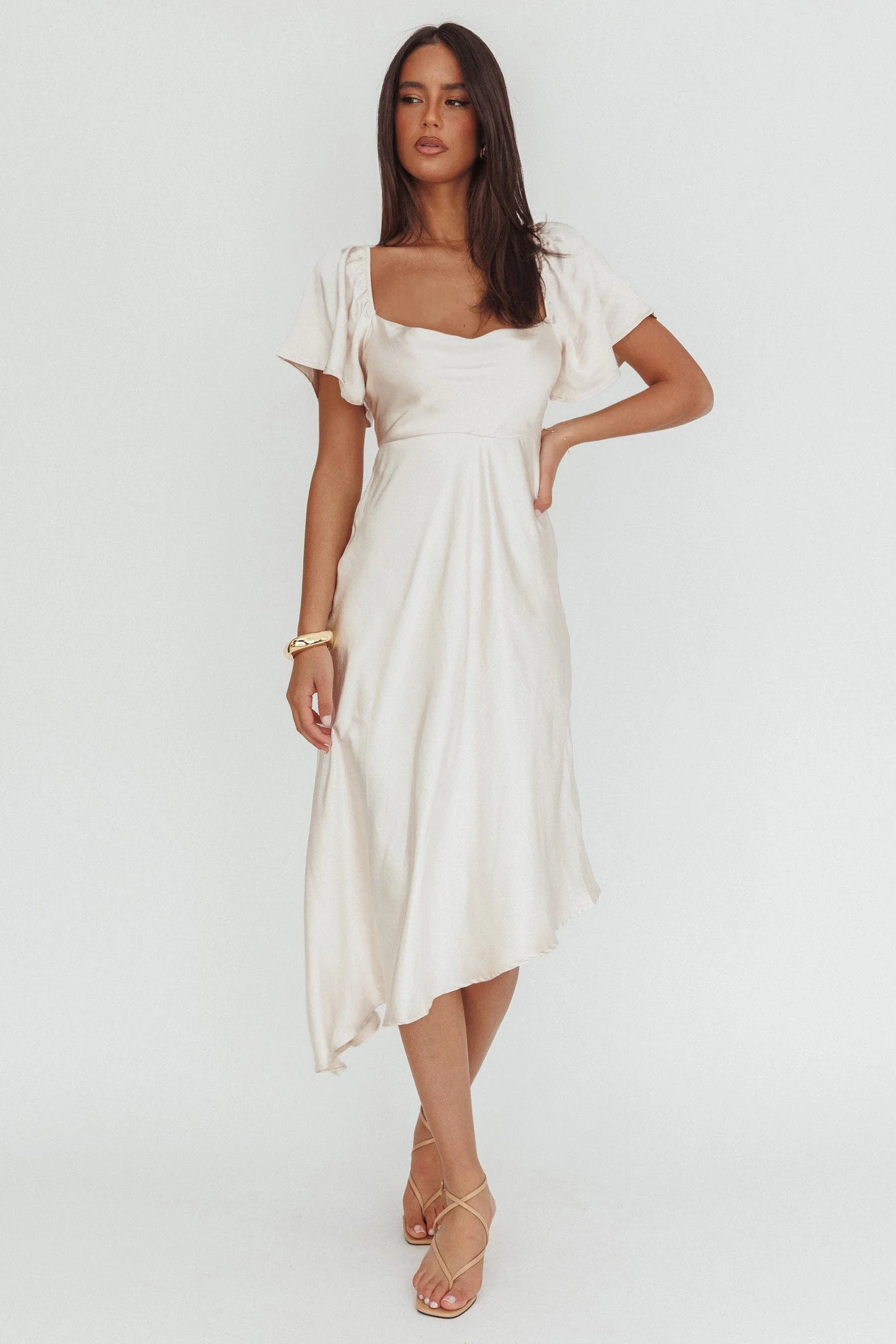 Grayson Tied Back Asymmetrical Midi Dress Champagne
