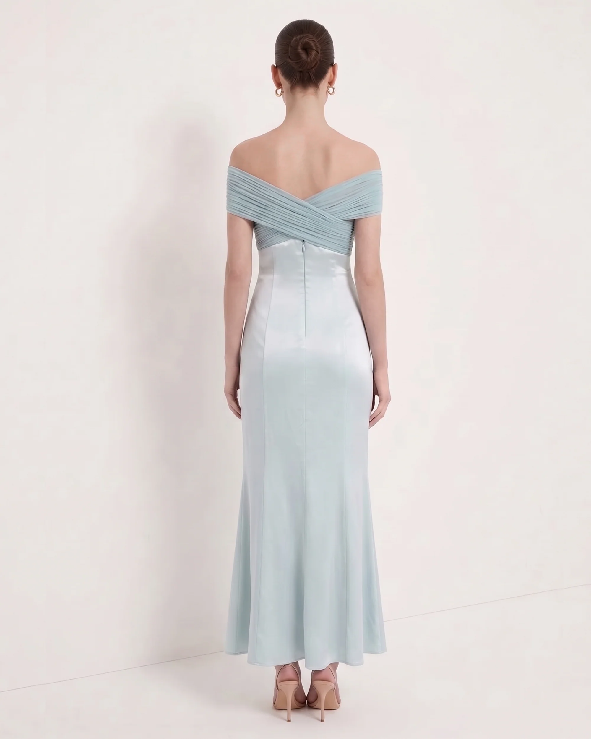 Pleated Cross-Halter Satin Maxi Dress - Dusty Blue - FASHION NOB