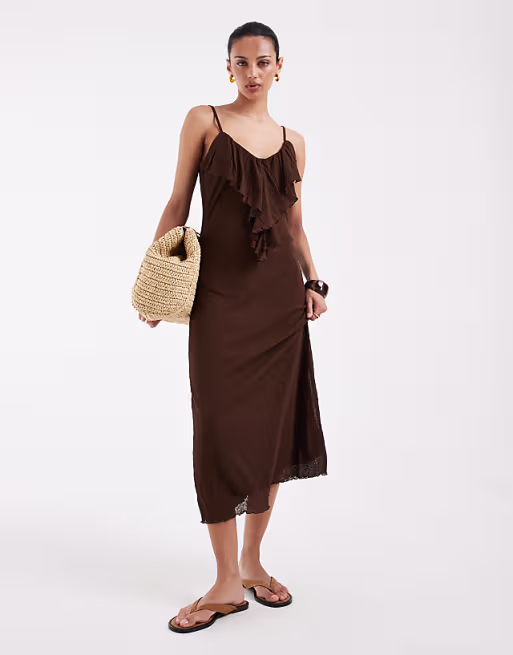 Vero Moda ruffle trim cami midi dress in chocolate brown
