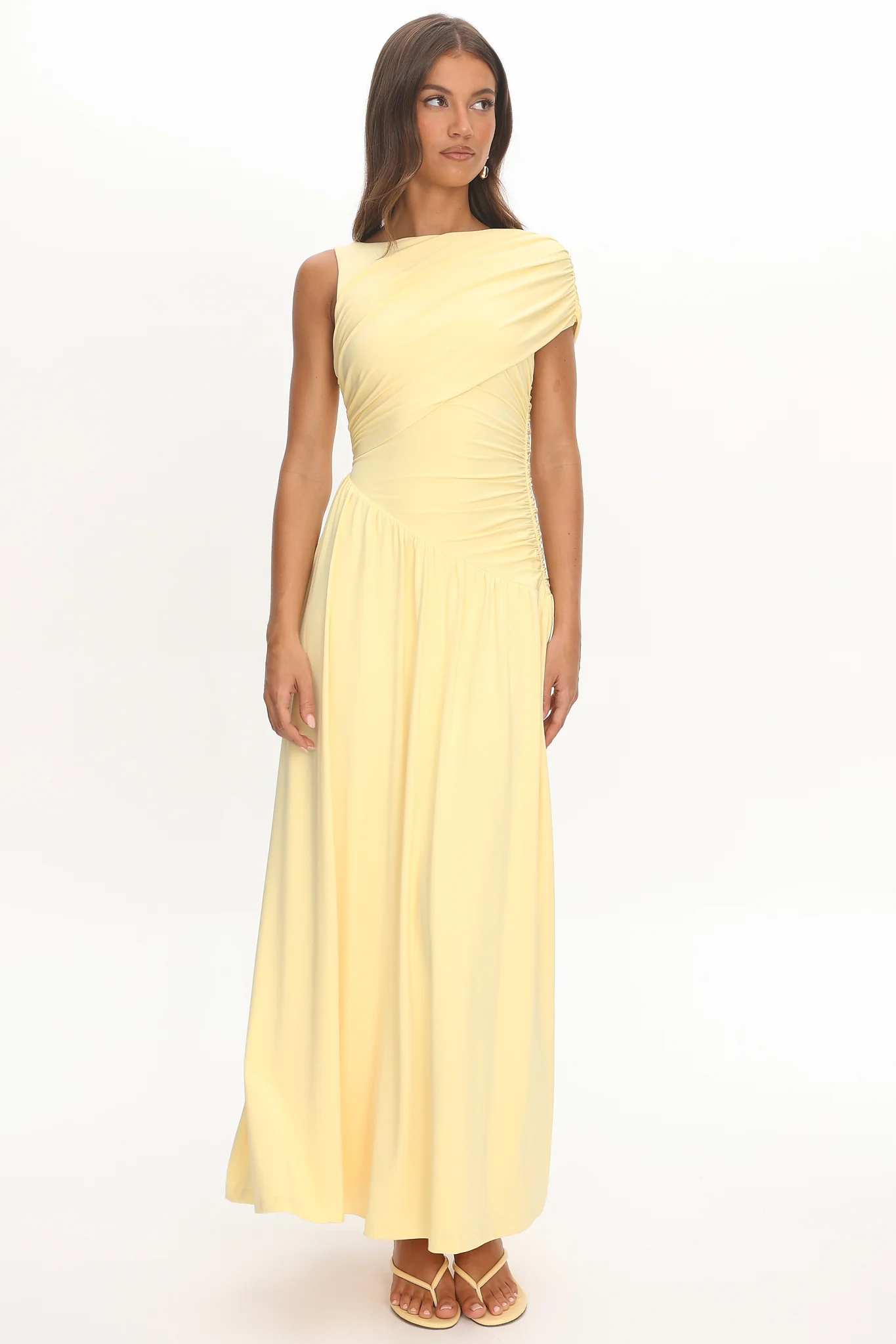 Adiel Ruched Asymmetric Waist Maxi Dress Butter - FASHION NOB