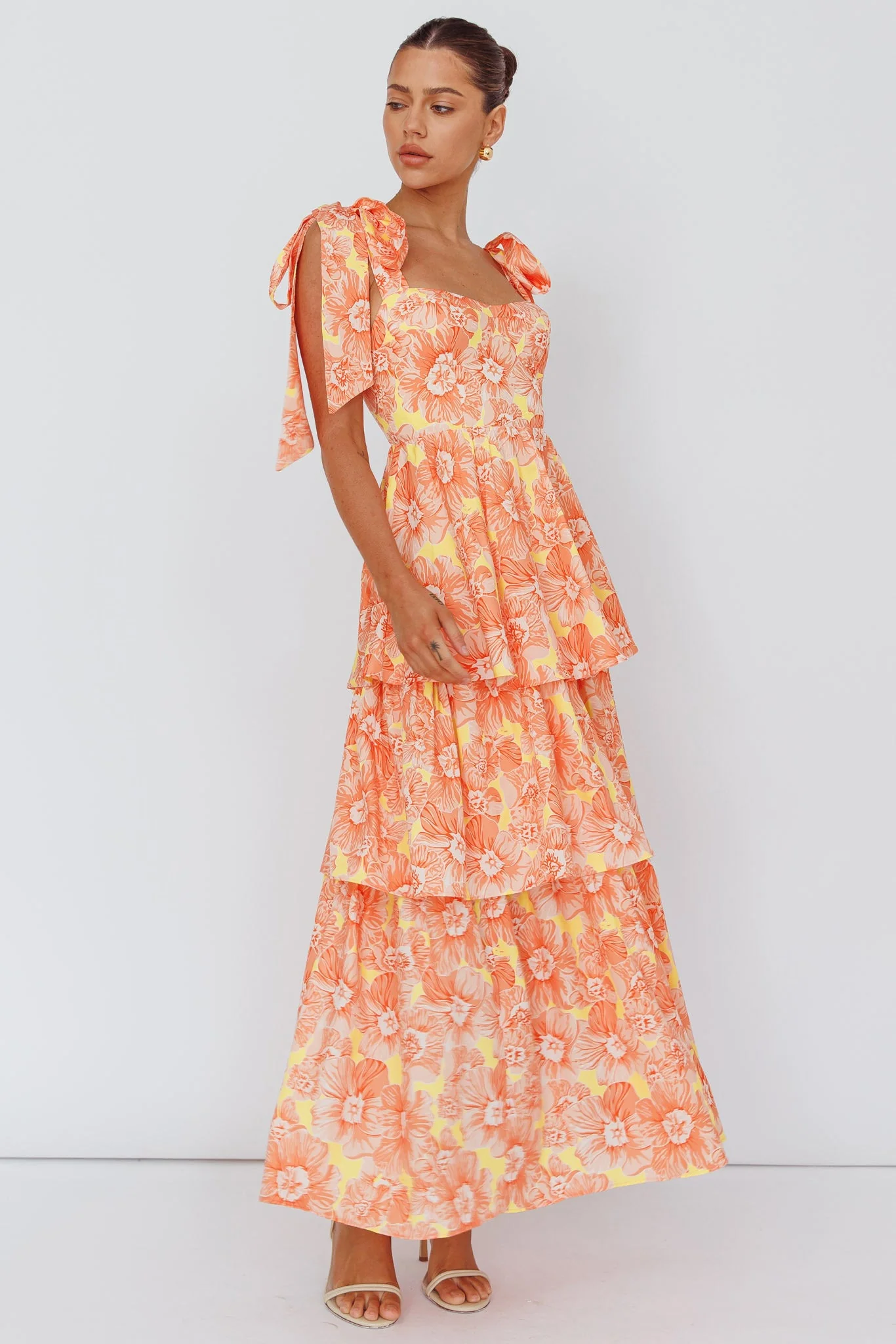 Arlowe Tied Shoulder Tiered Midi Dress Floral Orange - luluinthesky