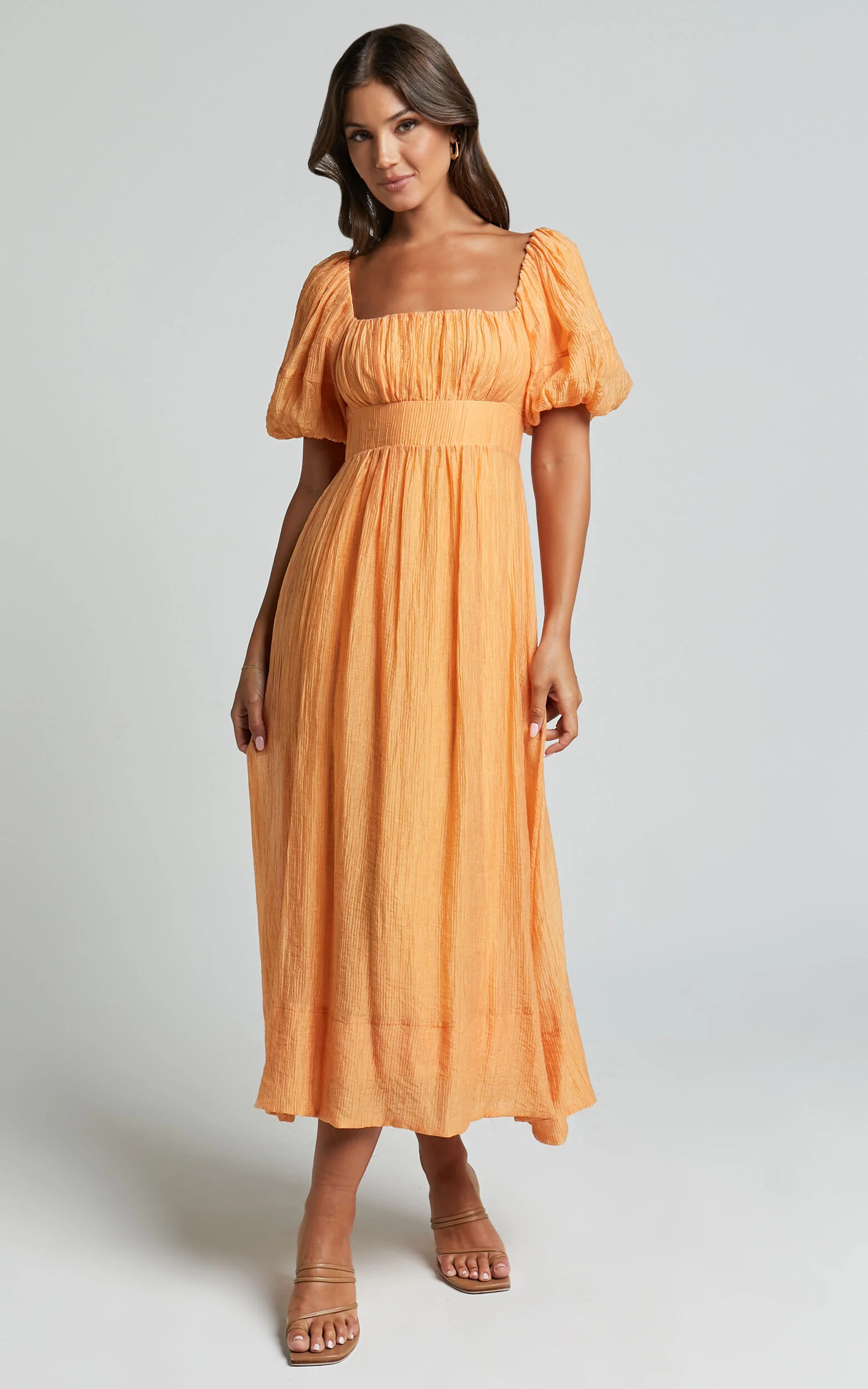Roshina Midi Dress - Straight Neck Puff Sleeve Dress in Orange
