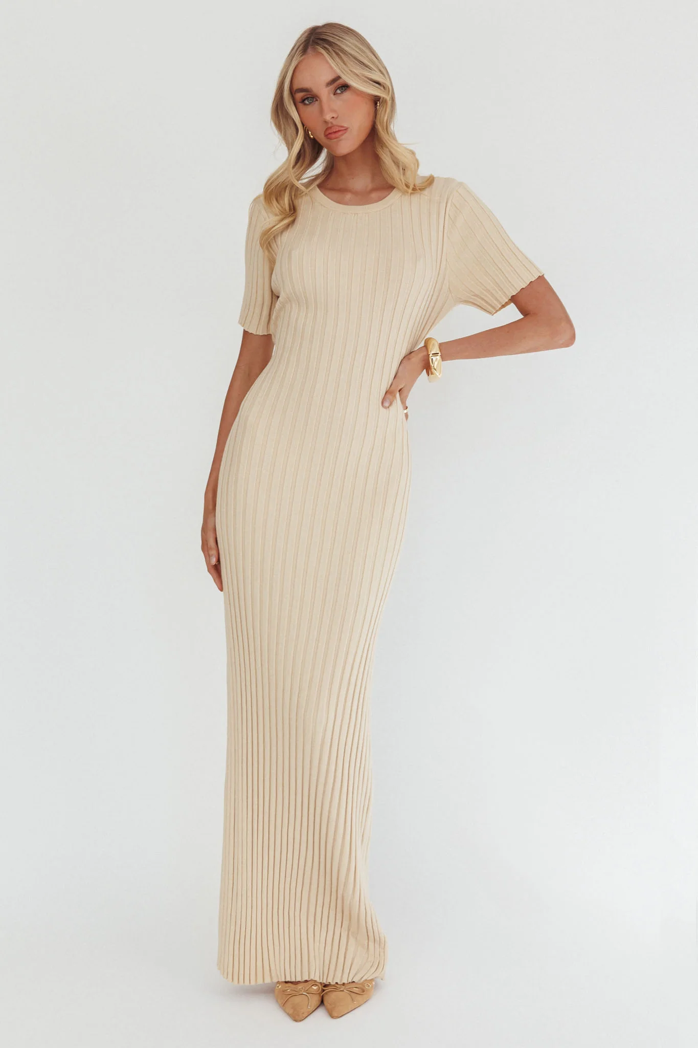 Faylen Waist Tie Ribbed Knit Maxi Dress Cream