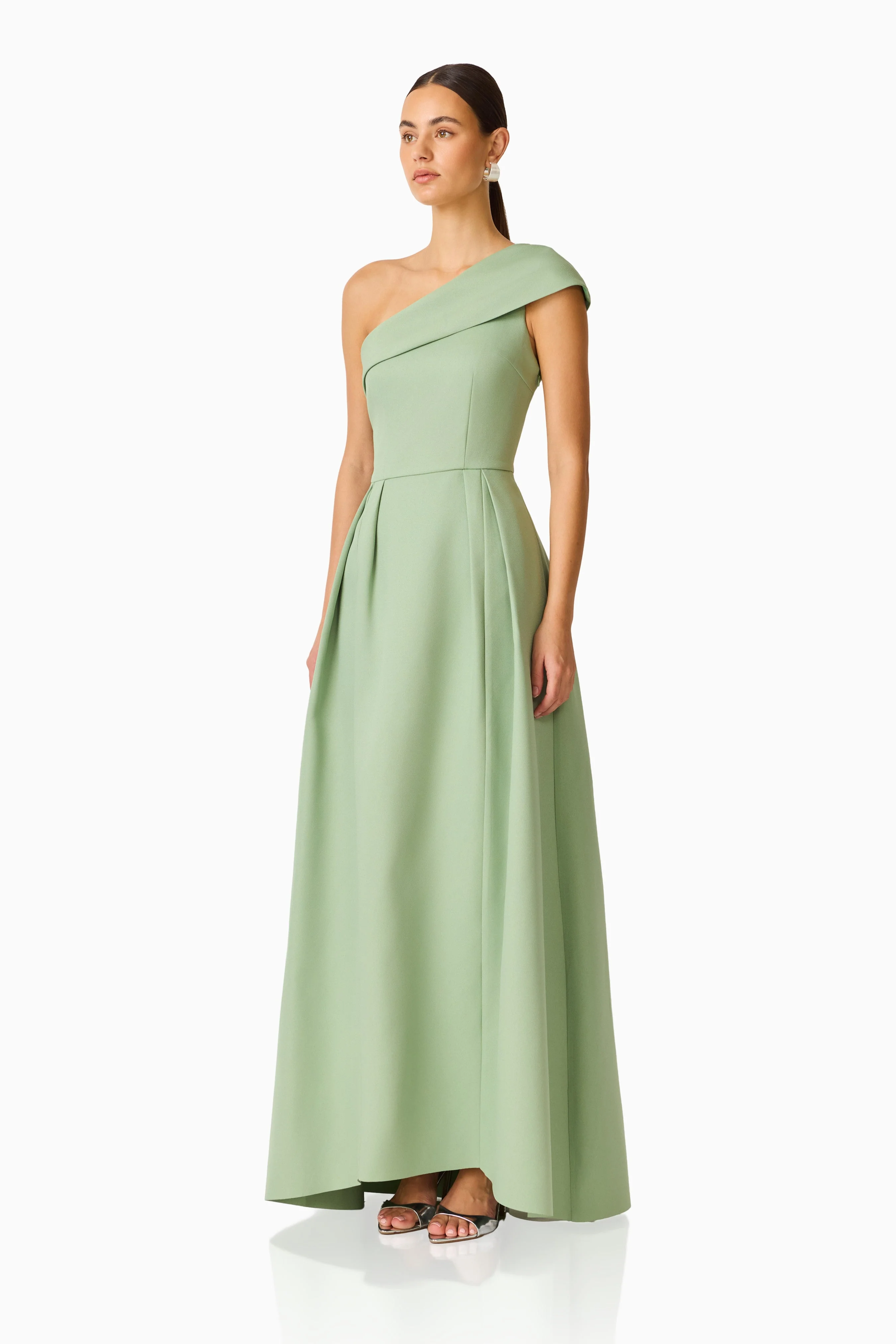 Saphine One Shoulder Gown in Sage Green