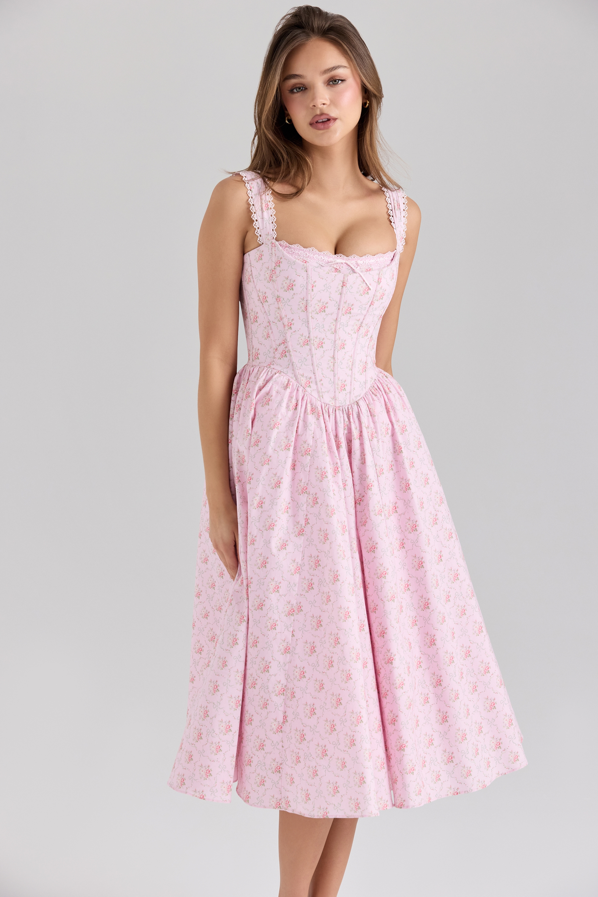 pink rose print stretch cotton corset midi dress