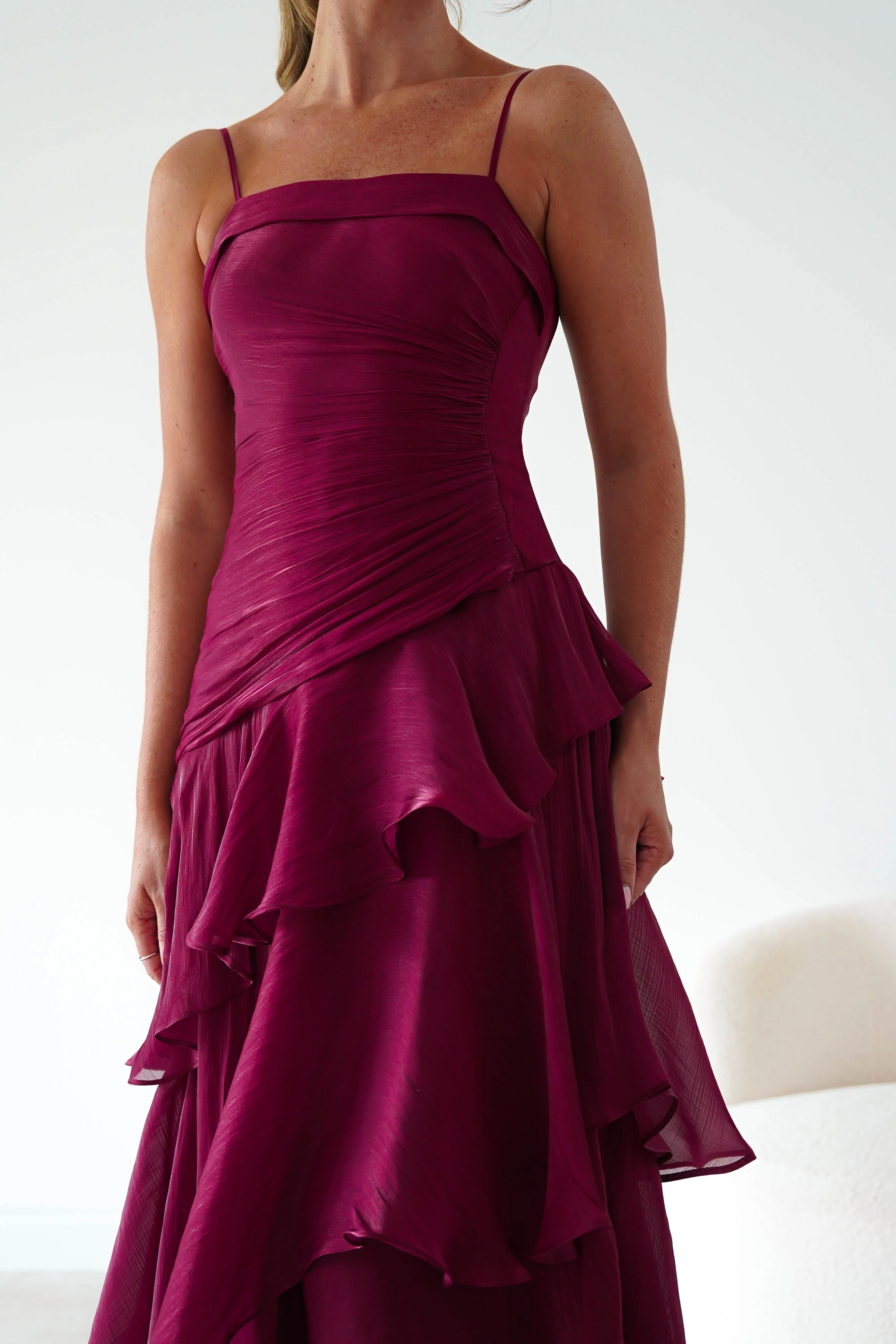 Renee Luminescent Ruffle Maxi Dress | Wine