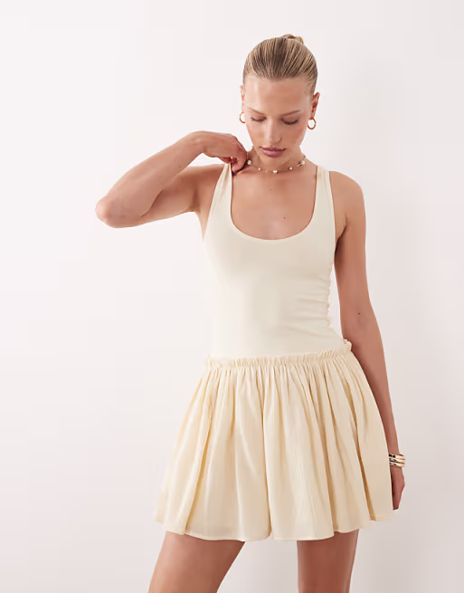 dropped waist mini dress with crinkle cotton skirt in buttermilk