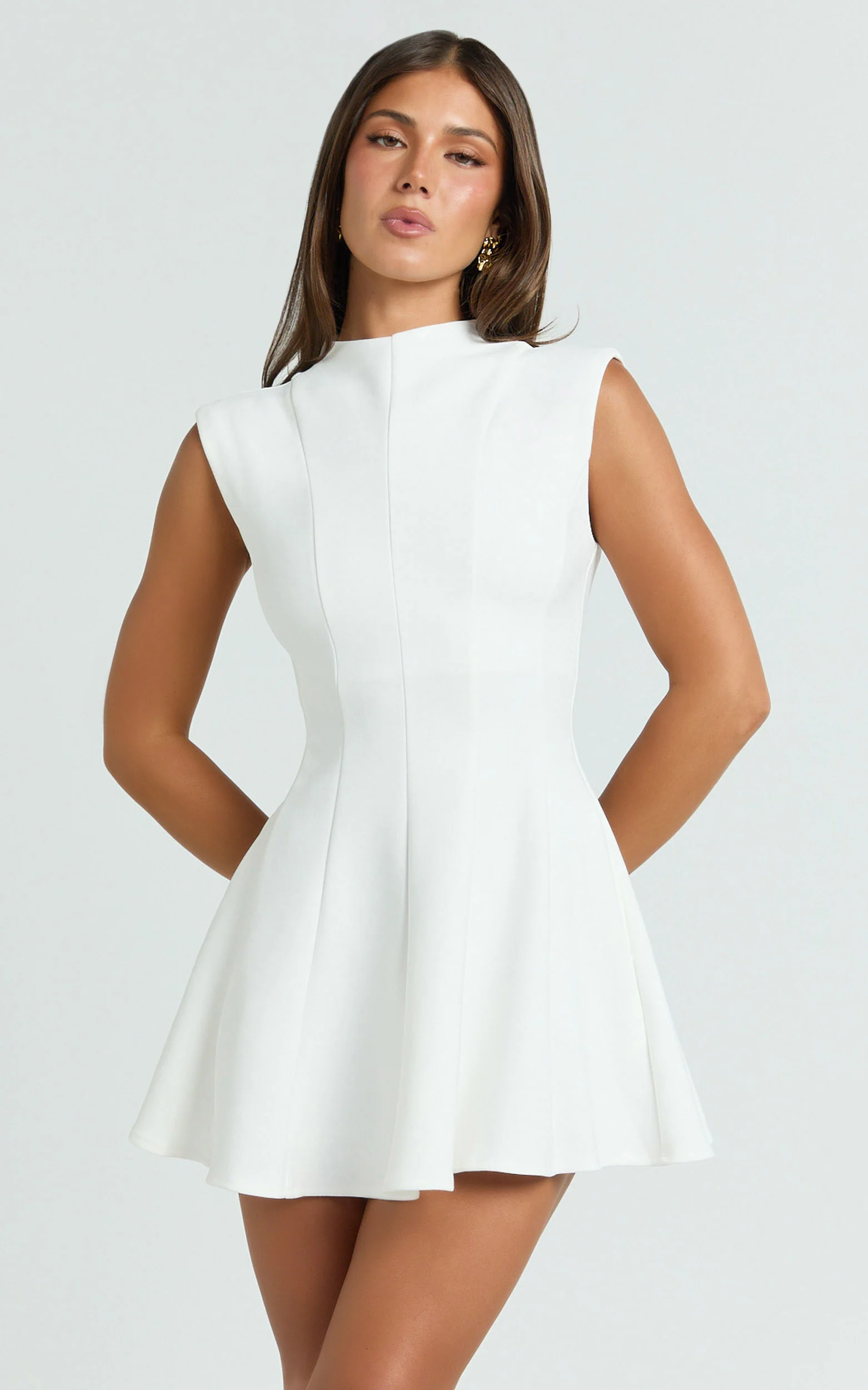 Becky Mini Dress - High Neck Sleeveless Fit And Flare Dress in White
