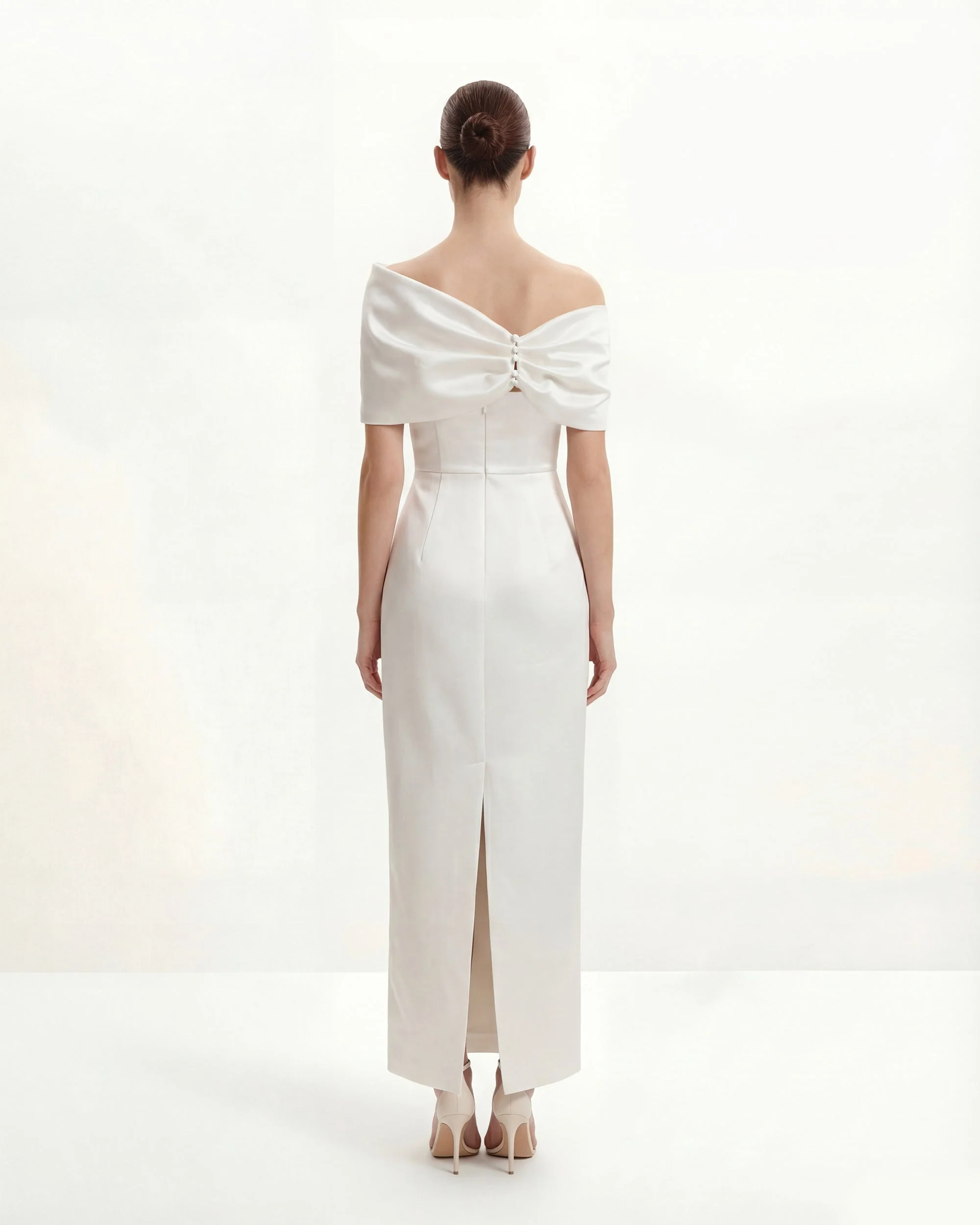 Satin Asymmetric Bow Maxi Dress - White - FASHION NOB