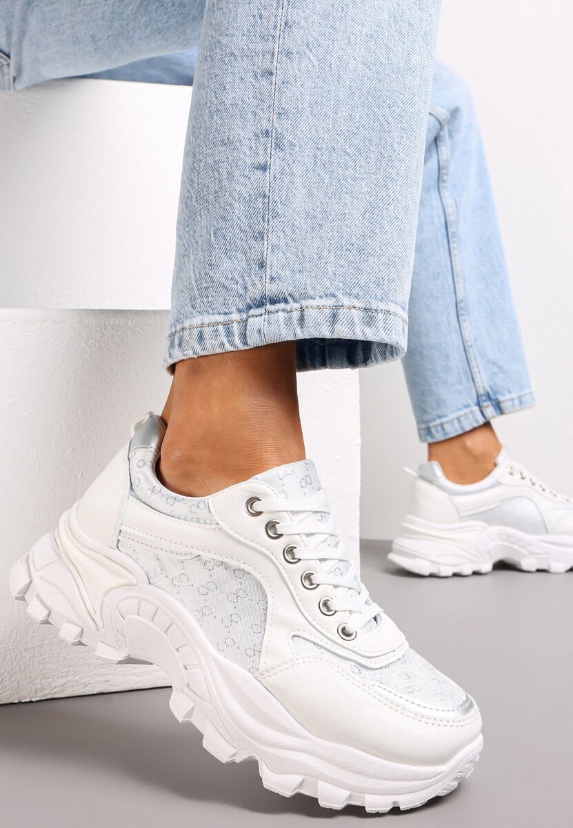 Białe Sneakersy z Metaliczną Nitką na Grubej Podeszwie Melimeda