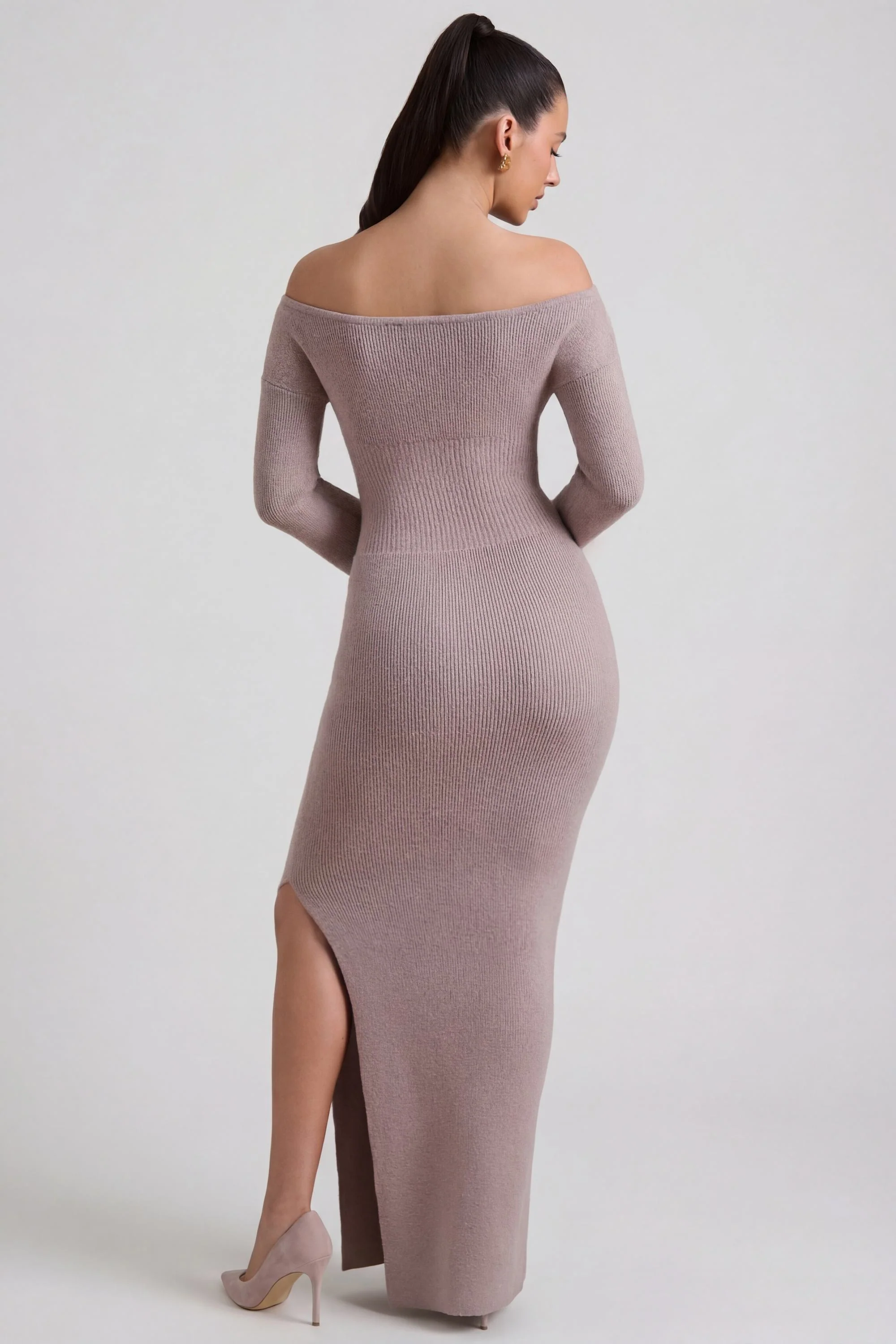 Ribbed-Knit Off-Shoulder Maxi Dress in Taupe