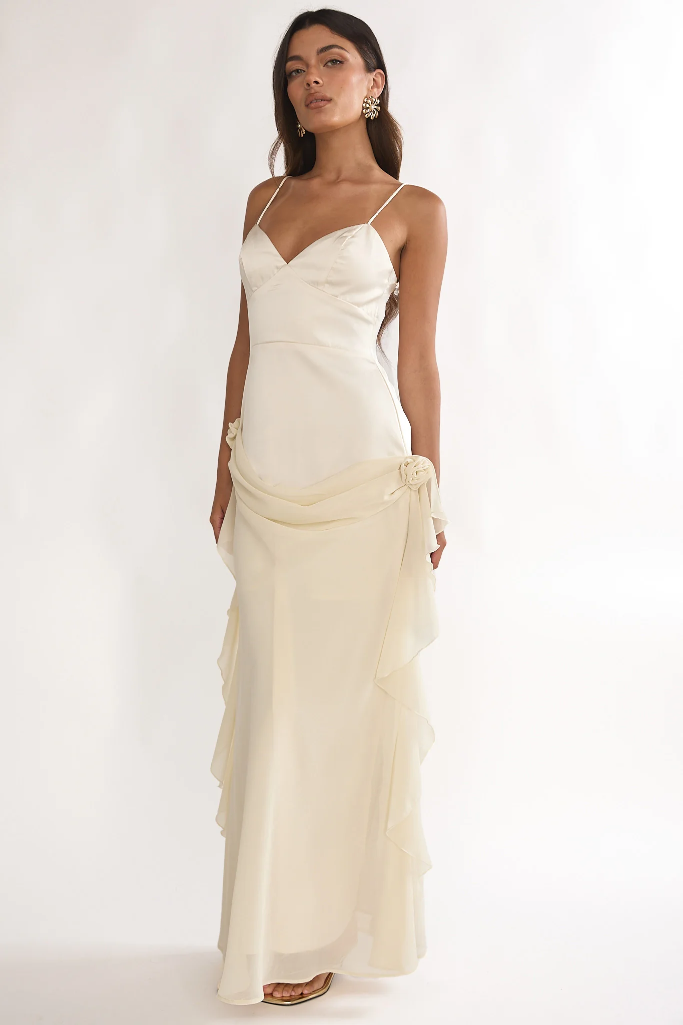 Rivena Rosette Chiffon Drape Maxi Dress Oyster