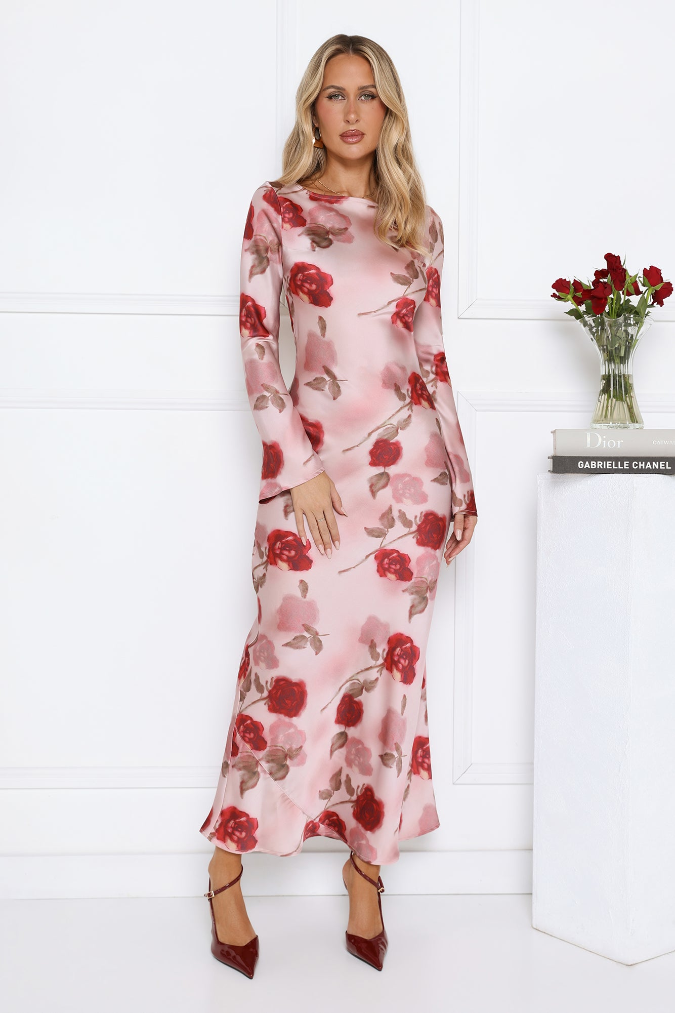 Scent Of Roses Long Sleeve Satin Maxi Dress Pink