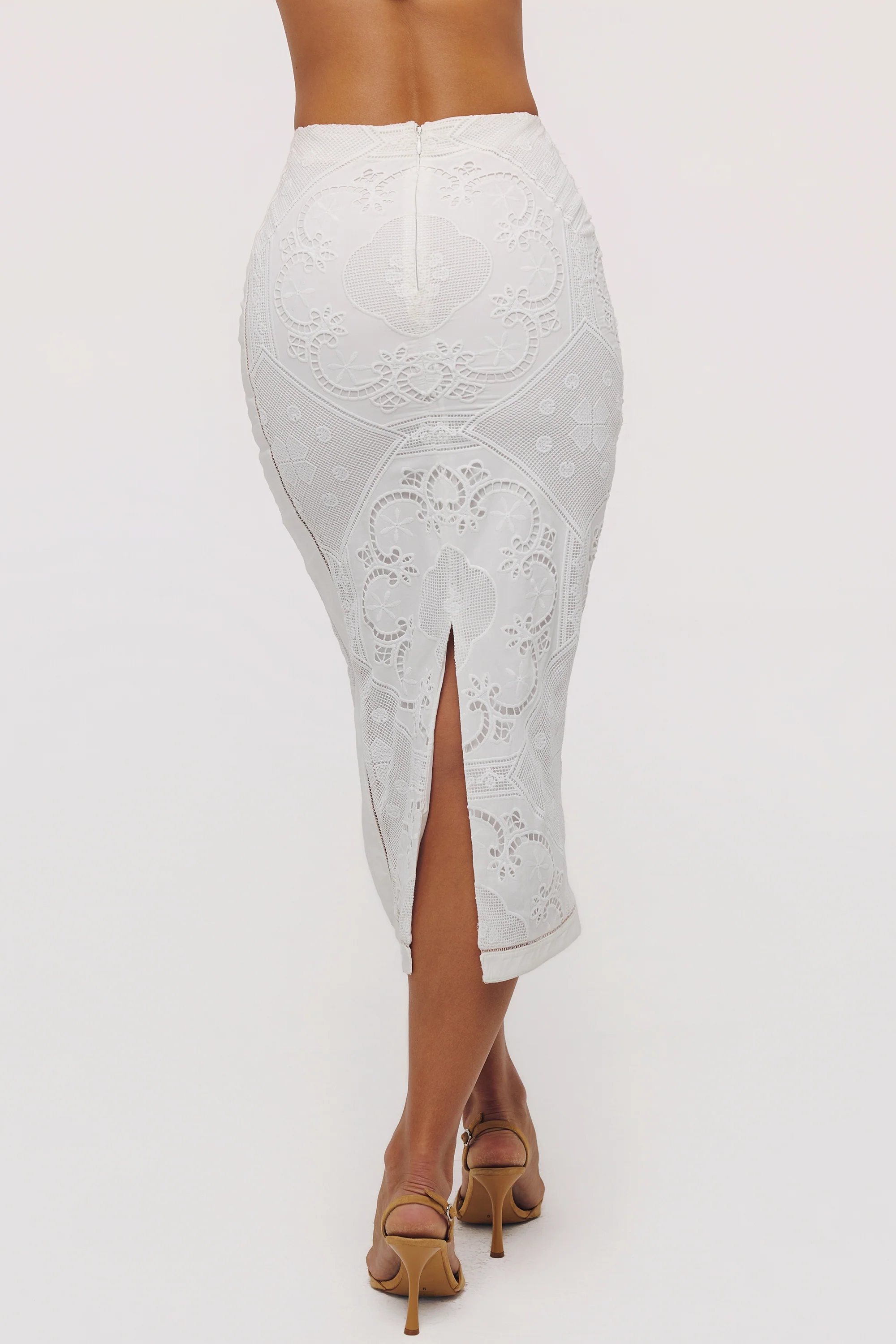 White Cotton Placement Lace Broderie Anglaise Midi Skirt