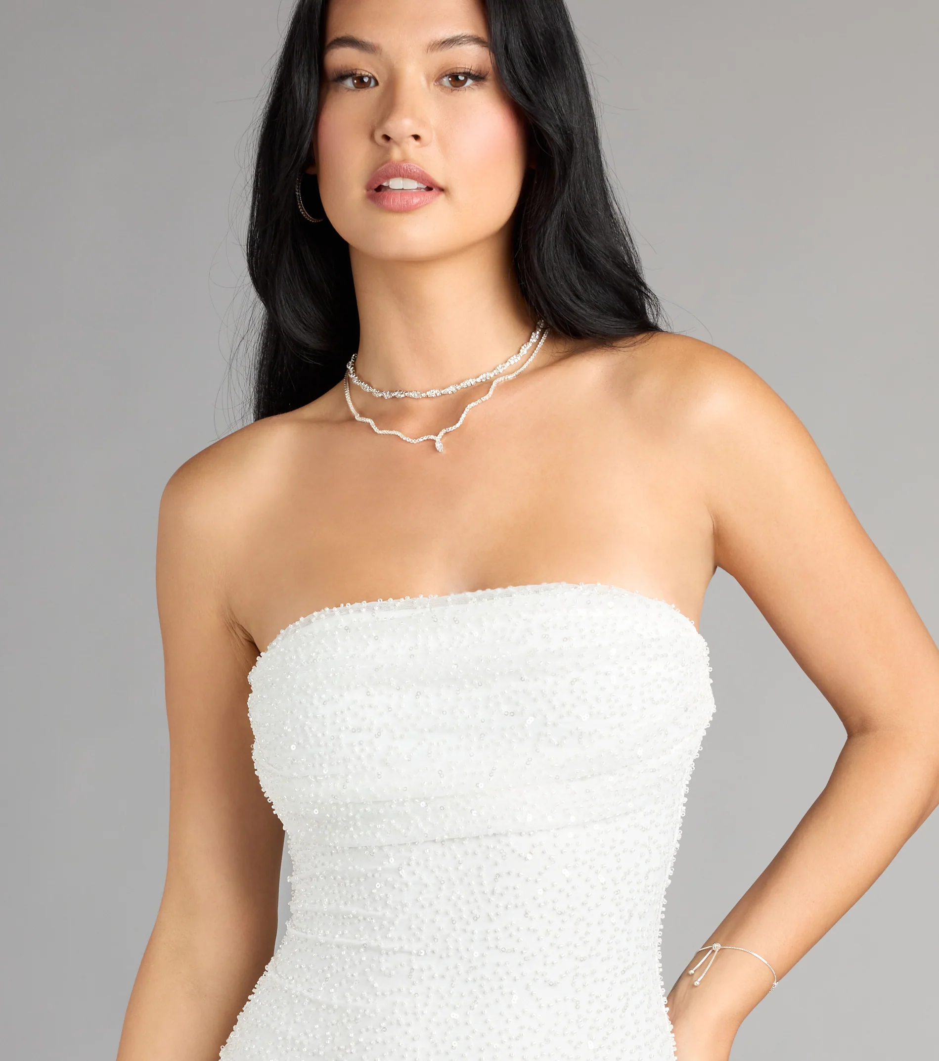 Lena Strapless Bodycon Beaded Mesh Mini Dress - luluinthesky