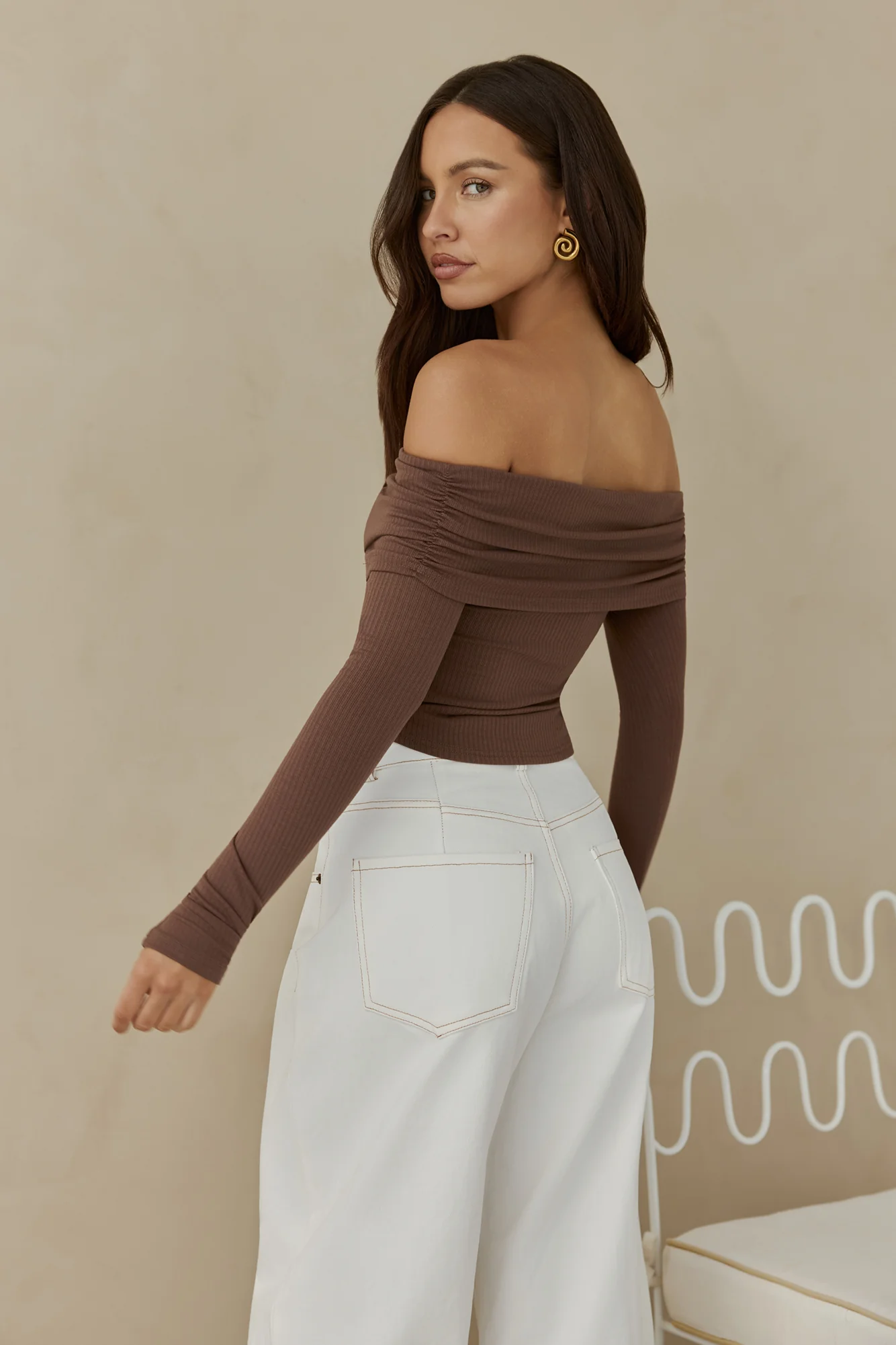 Autumn Dreamer Long Sleeve Off Shoulder Top Brown
