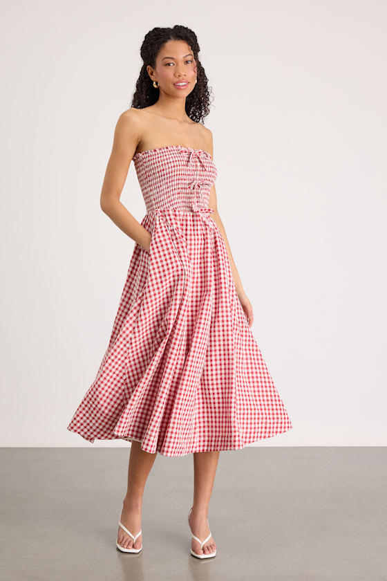 Clementina Red Gingham Smocked Midi Dress