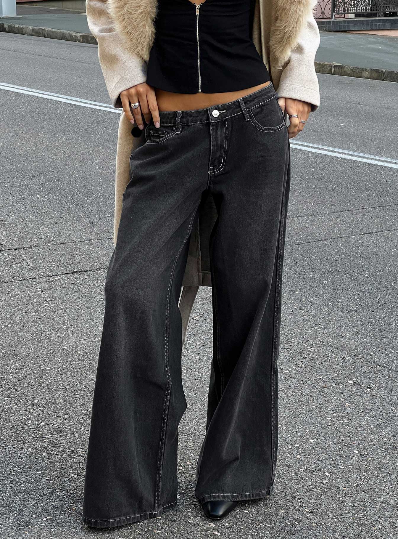 Ramos Low Rise Wide Leg Jeans Dark Grey Wash