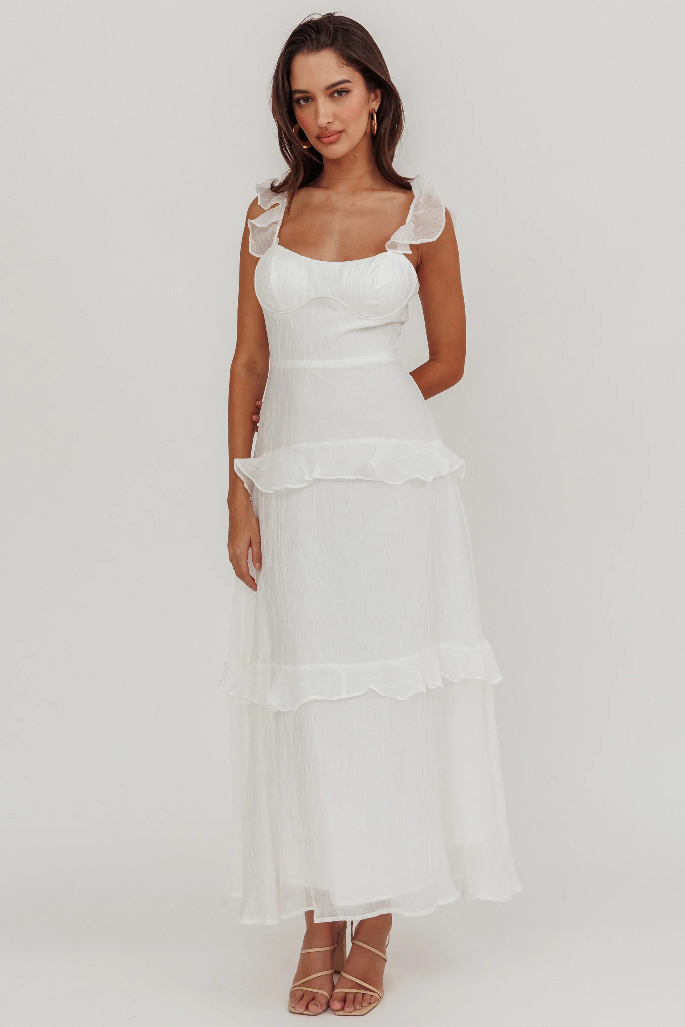 Moonlit Moment Ruffle Trim Lace-Up Back Maxi Dress White - luluinthesky