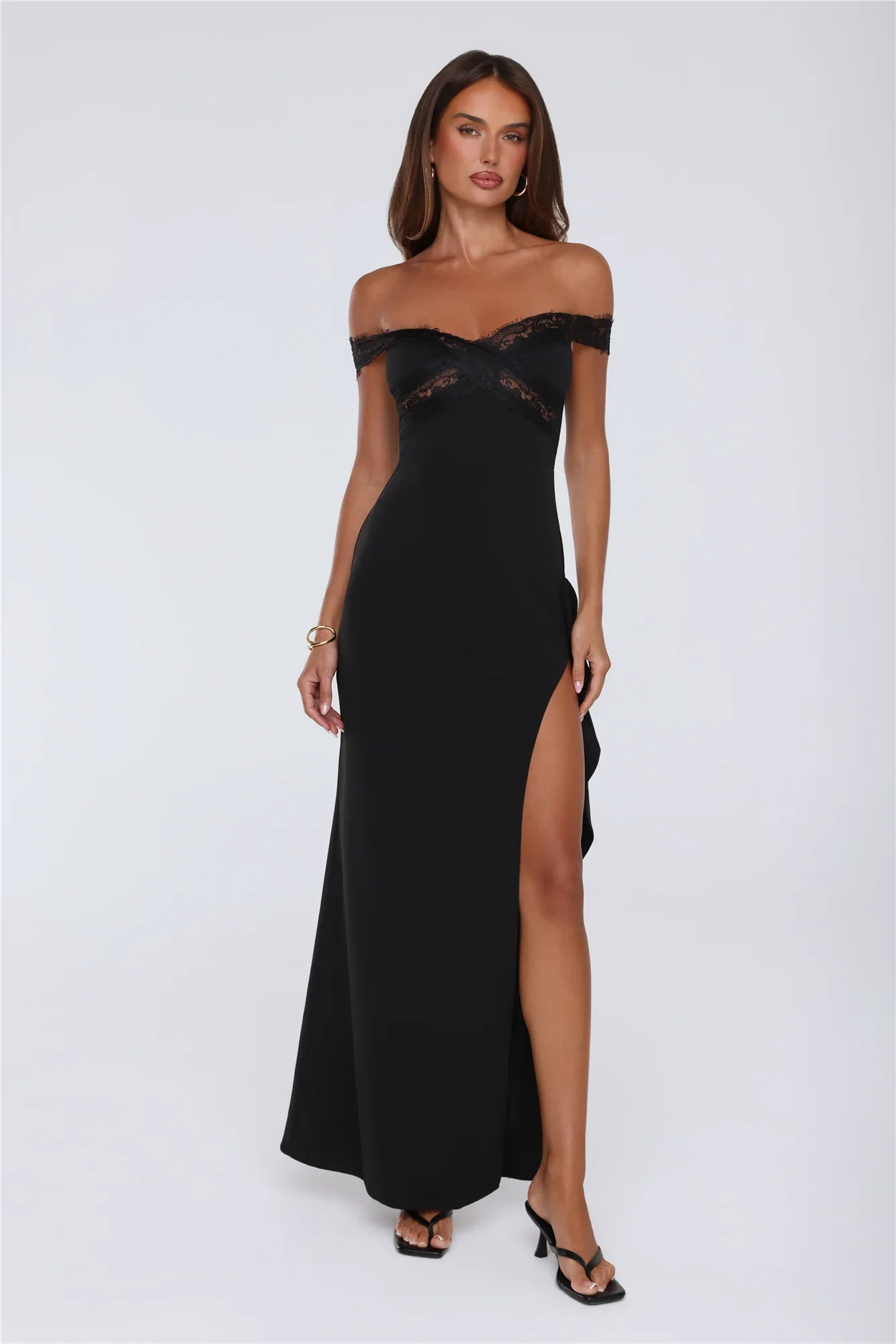 Ethereal Lace Off Shoulder Maxi Dress Black