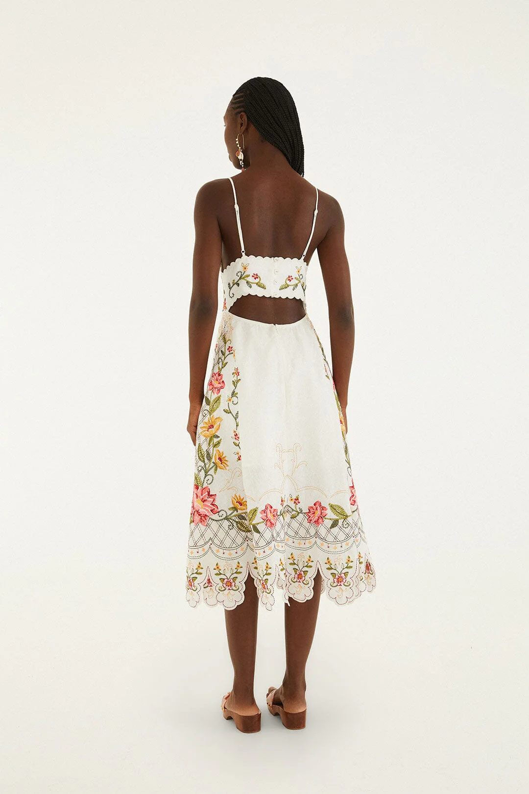 Off-White Flower Embroidery Asymetric Hem Midi Dress