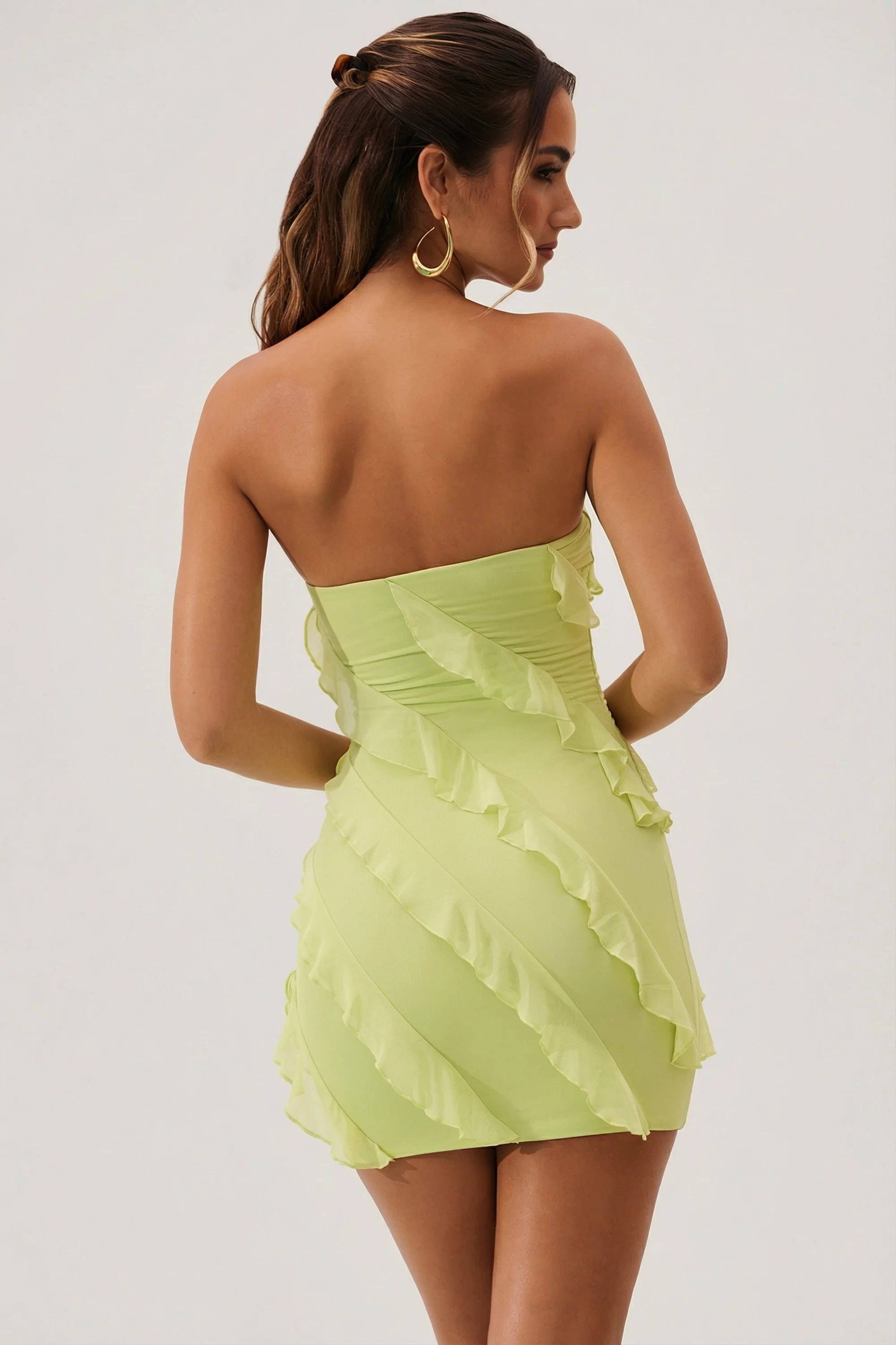 Bandeau Ruffle Detail Mini Dress in Lime Green