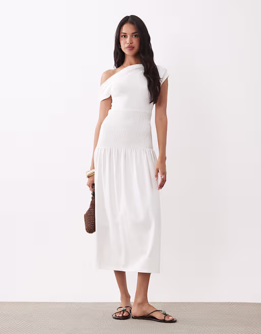 The Frolic exclusive jersey shirred waistband off shoulder midi dress in white