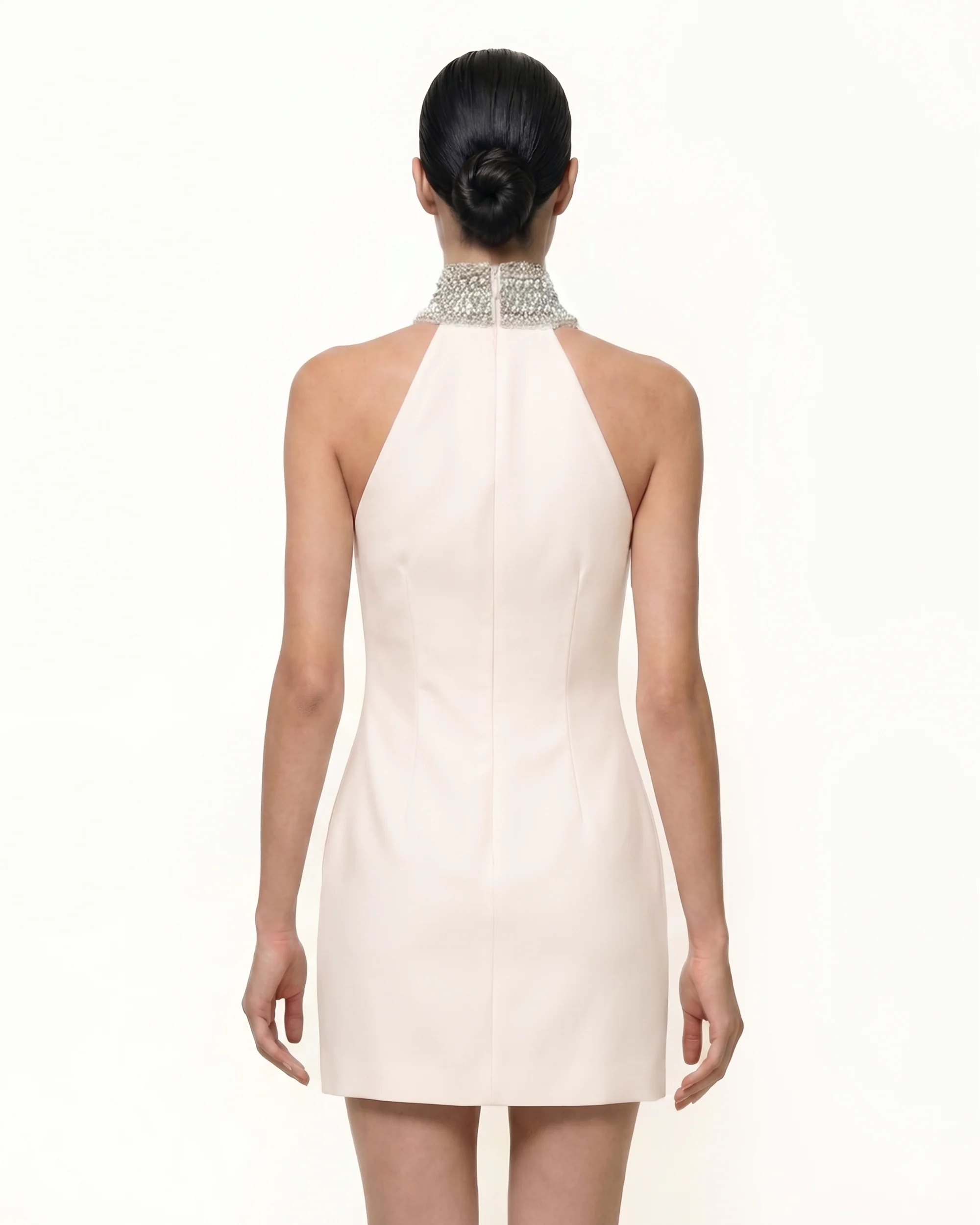 Jeweled Halter Iris Motif Dress - Ivory/Pink - FASHION NOB