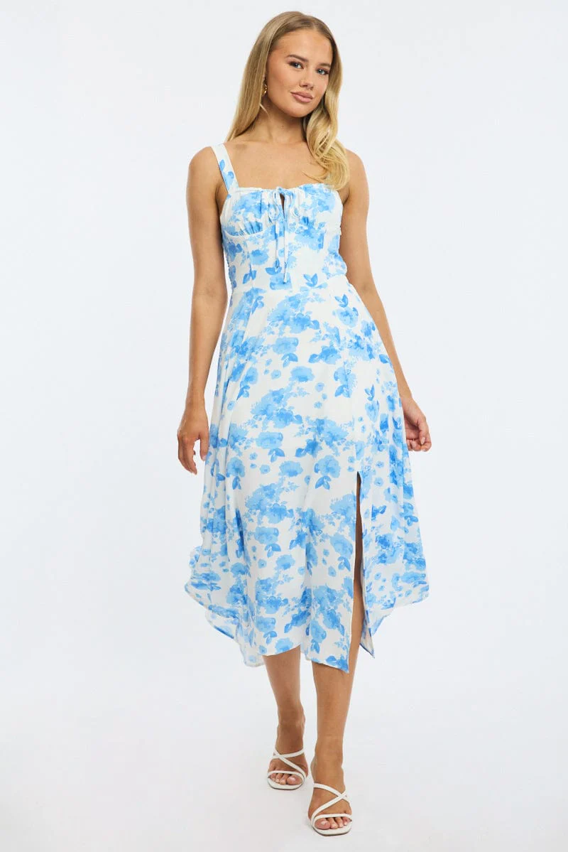 Blue Floral Midi Dress Ruched Bust