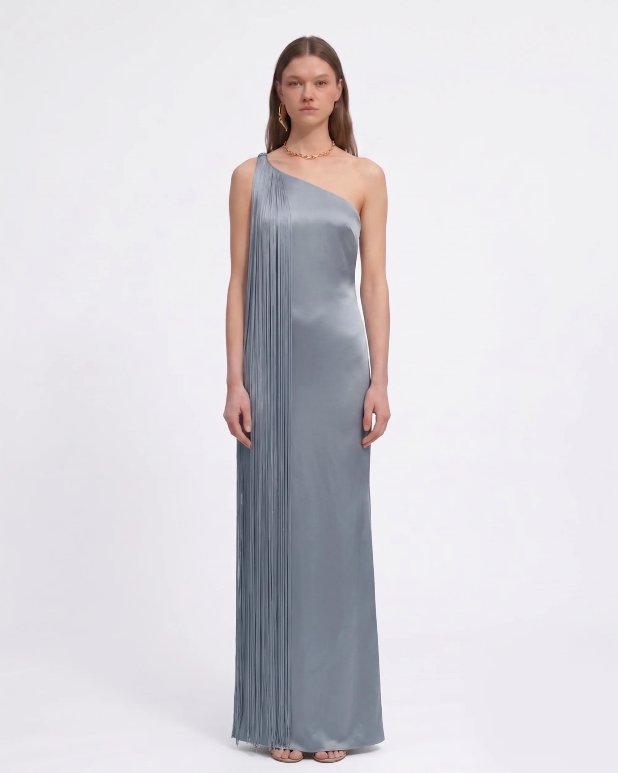 Fringe One Shoulder Maxi Dress - Misty Blue - FASHION NOB