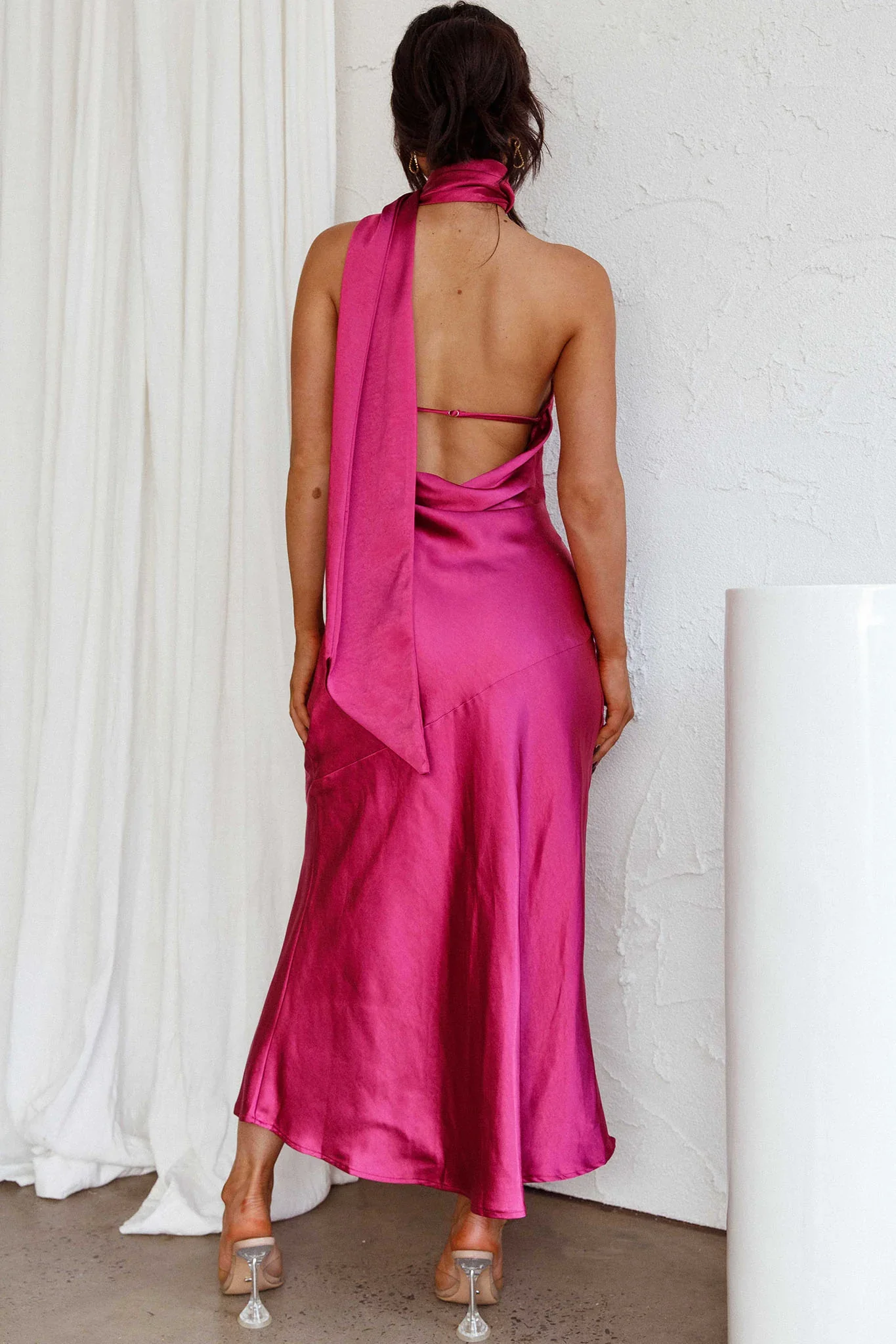 Italian Summer Tie Neck Midi Dress Fuchsia