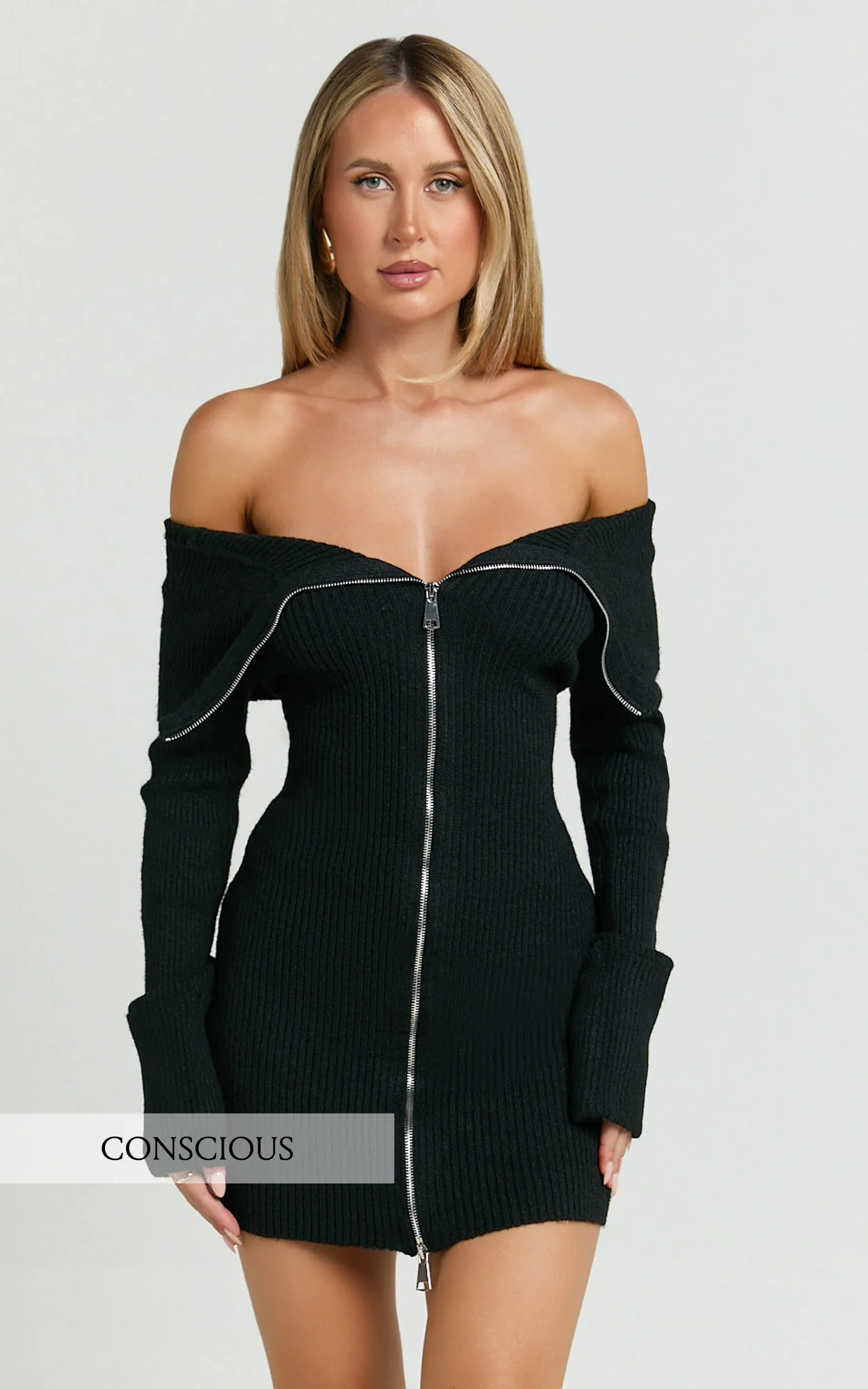 Madeline Mini Dress - Folded Off Shoulder Double Zip Hardware Front Knit Dress in Black