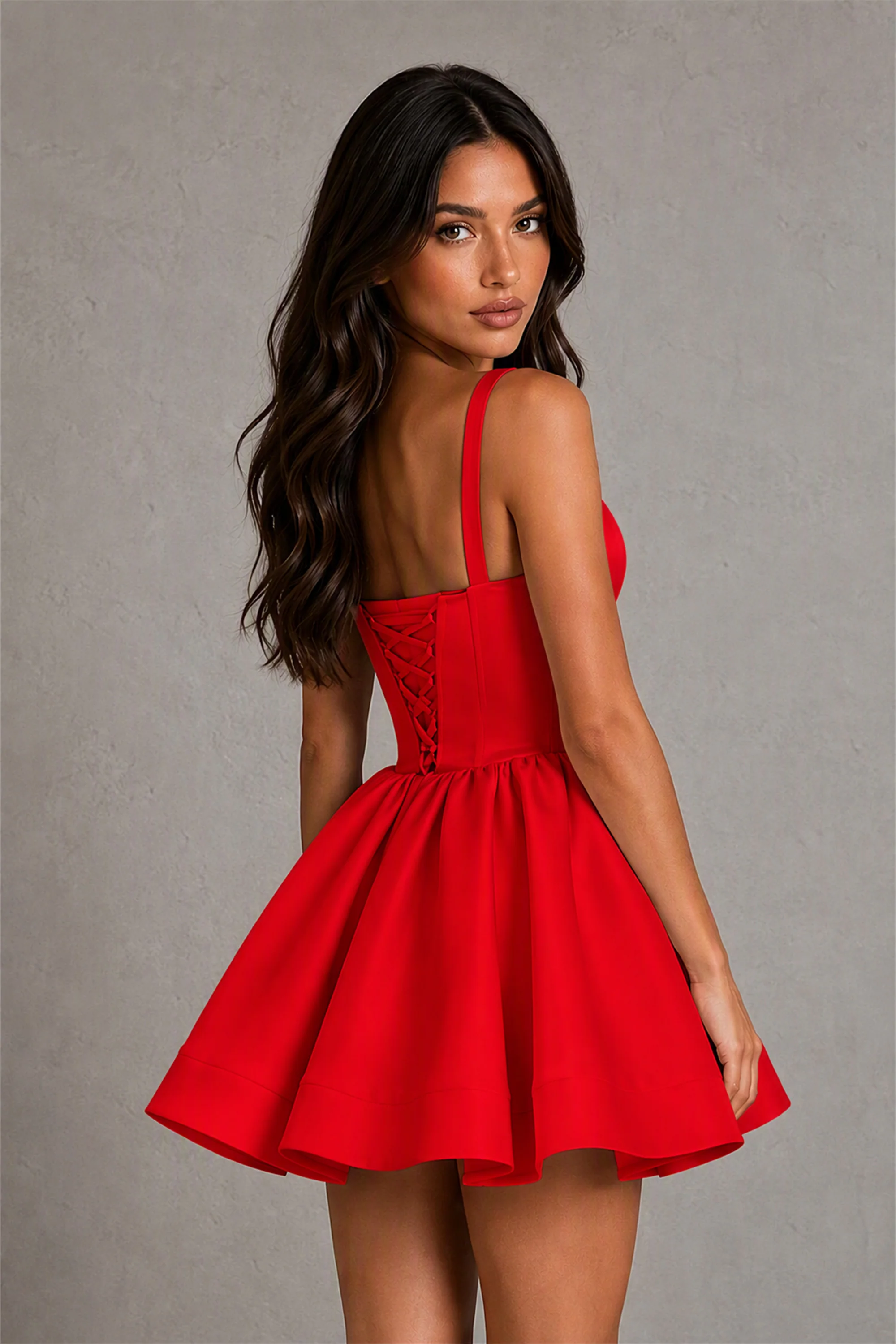 BOLODOO Baby Red Satin Square Neck Bow Strap Lace-Up Back Bubble Mini Dress | Cocktail Party Date Night Dress