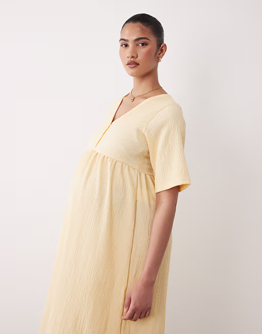 Mamalicious Maternity short sleeve nursing button detail textured jersey midi dress in yellow