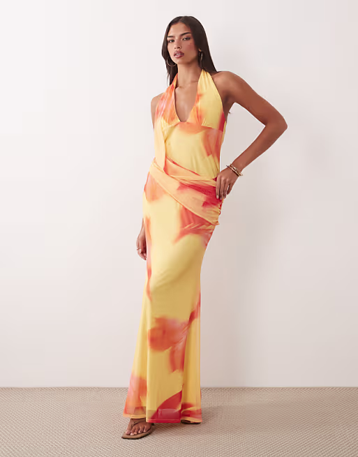 printed mesh halter maxi dress with draped sash detail in yellow floral