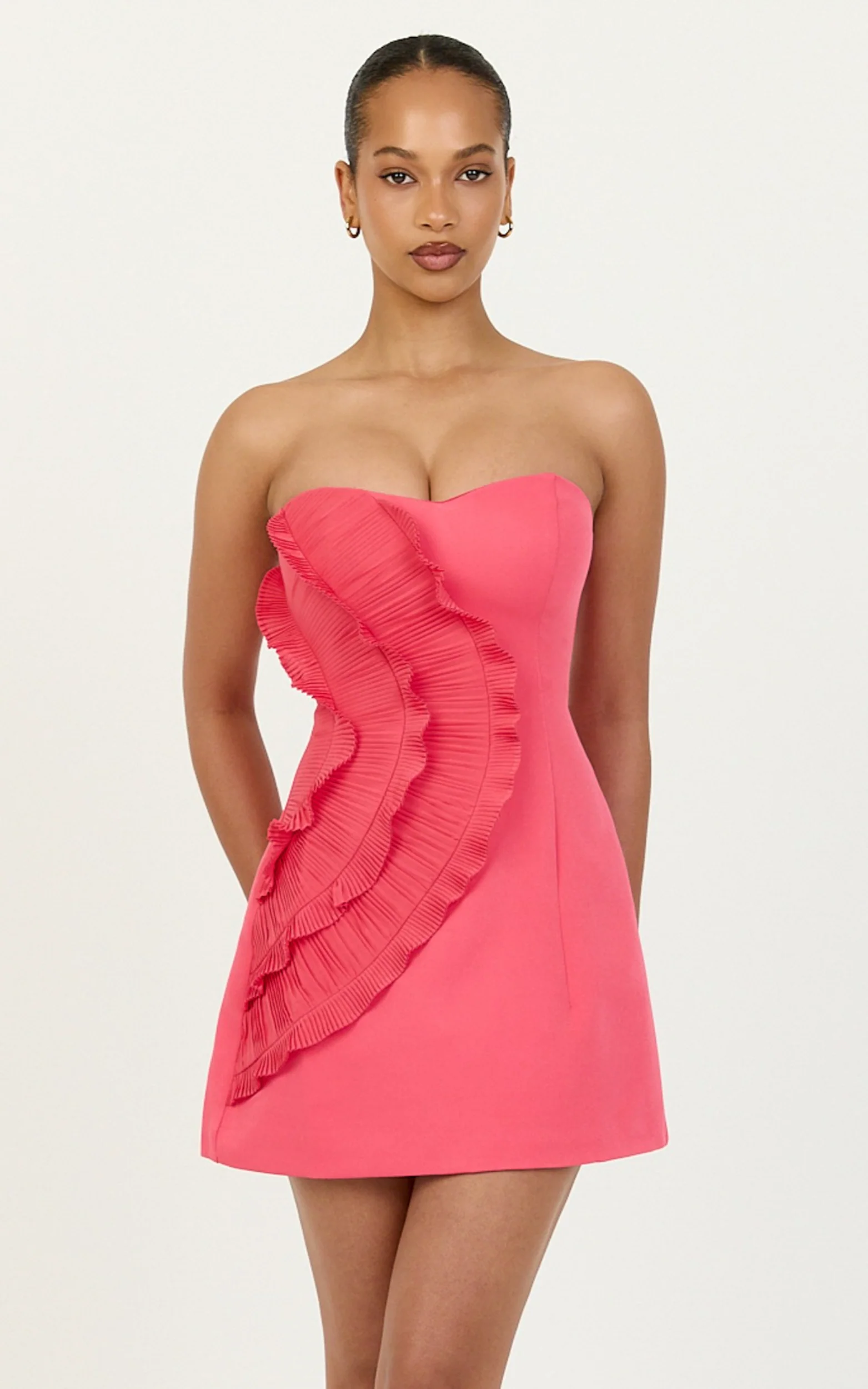 Dahlia Mini Dress - Strapless Side Frill Pleated A Line Dress in Pink