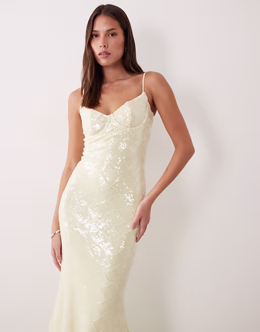Wanderdoll Rhea cami cup detail sequin maxi dress in lemon
