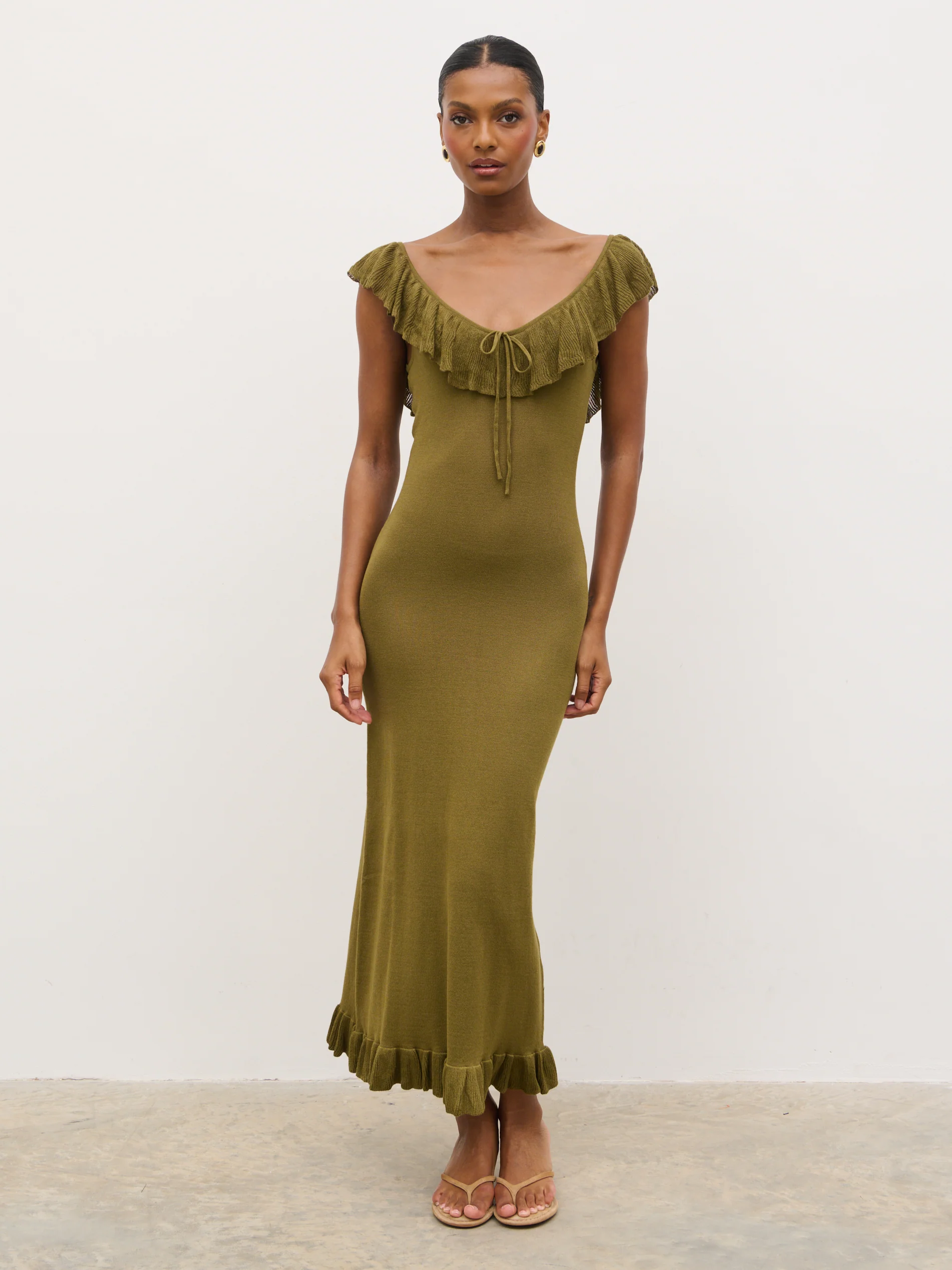 Sascha Frill Detail Knit Midaxi Dress - Tarragon Green