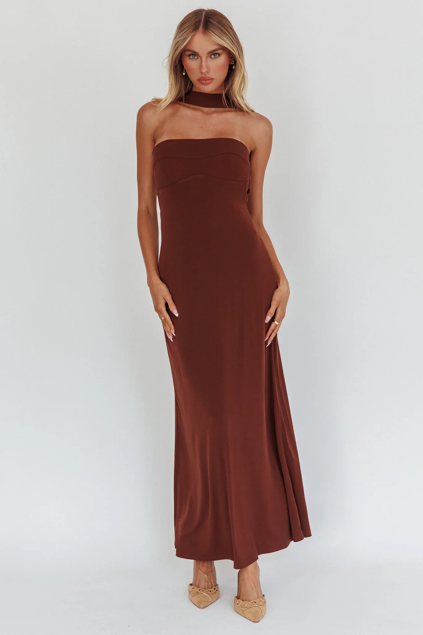 Damsel Reverse Halter Maxi Dress Chocolate