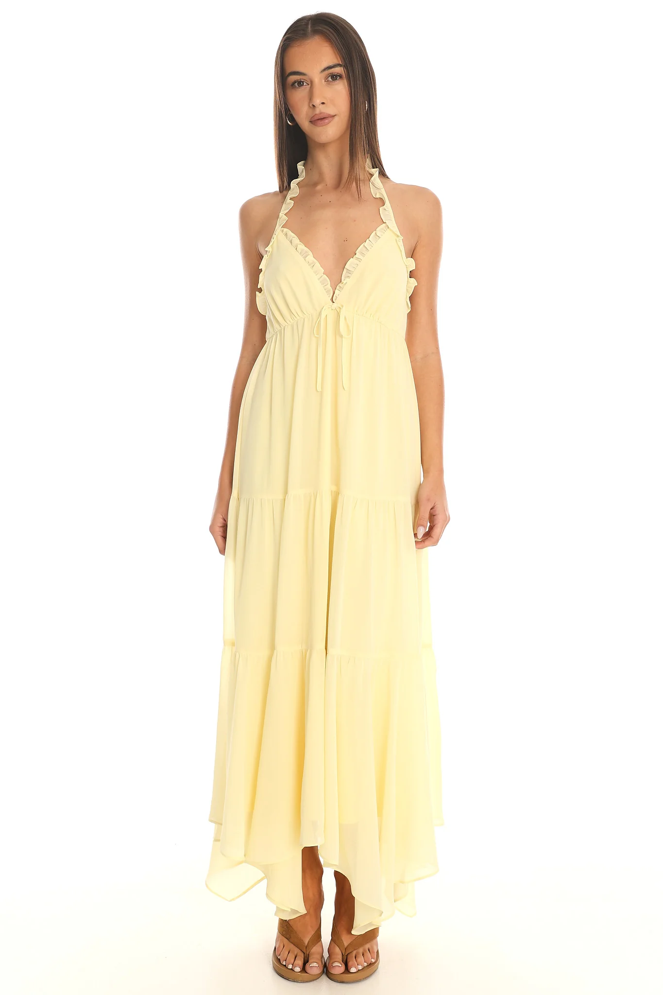 Island Escape Ruffled Halter Dress Butter Yellow - luluinthesky