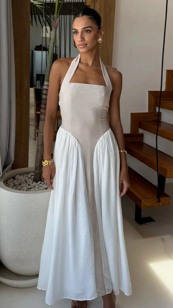Sammi Halter Midi Dress - Sand/White